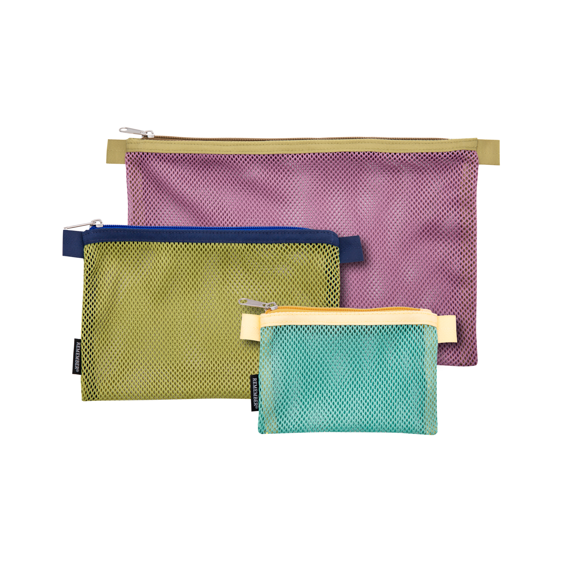 Ein 3er Set Mesh Bags 'Jordy' in Lila, Olive und Türkis, jeweils mit farblich passendem Reißverschluss und Einfassung.
