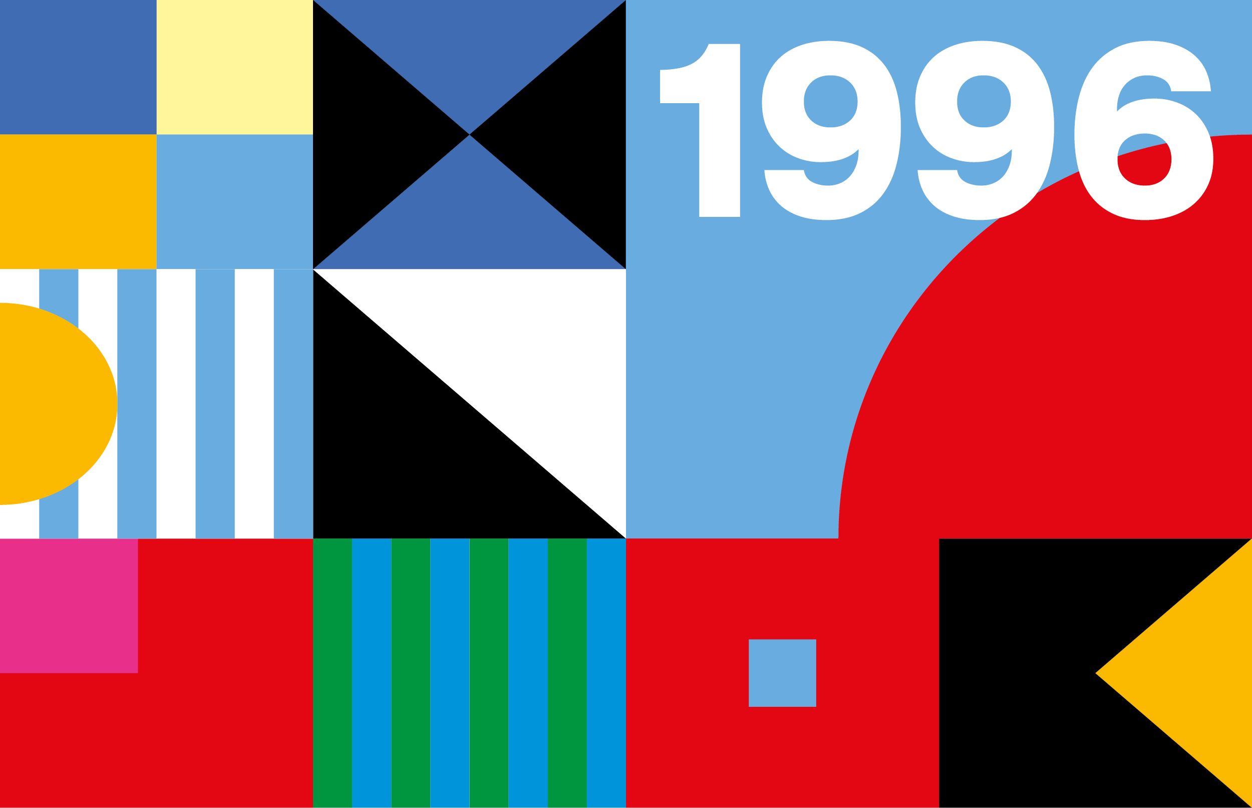 Abstraktes Design mit geometrischen Formen in Blau, Rot, Gelb, Schwarz, Weiß, Pink, Grün. Weiße Zahl "1996" rechts oben. Streifen, Quadrate und Dreiecke formen das Muster.