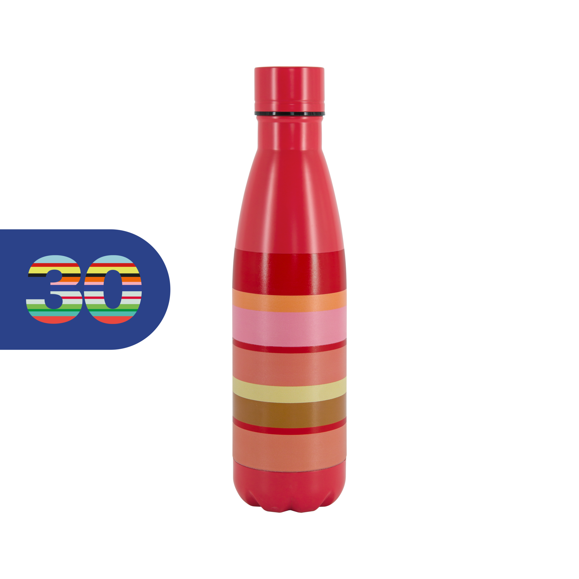Schmale, rote Edelstahl-Trinkflasche mit bunten Streifen in Rosa-, Beige- und Orangetönen. Links daneben blaues Feld mit der Zahl 30 in bunten Streifen.
