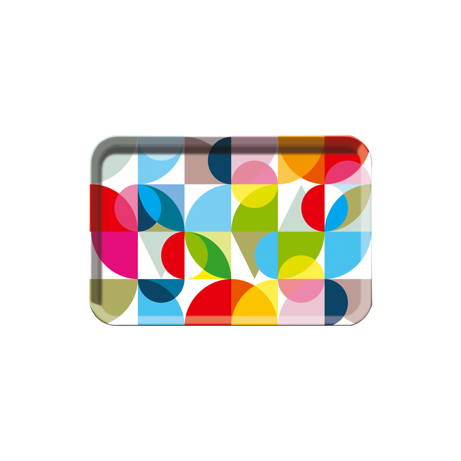 Rechteckiges Mini Tablett 'Solena' mit abgerundeten Ecken, verziert mit einem geometrischen Muster aus bunten Kreisen und Dreiecken.