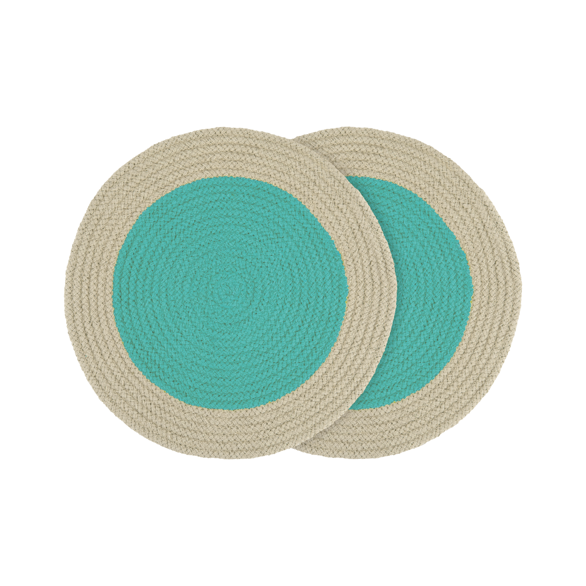 Zwei runde, geflochtene Tischsets aus Baumwolle in Mint und Beige liegen übereinander. Die Farbe Mint ist jeweils in der Mitte der Tischsets.