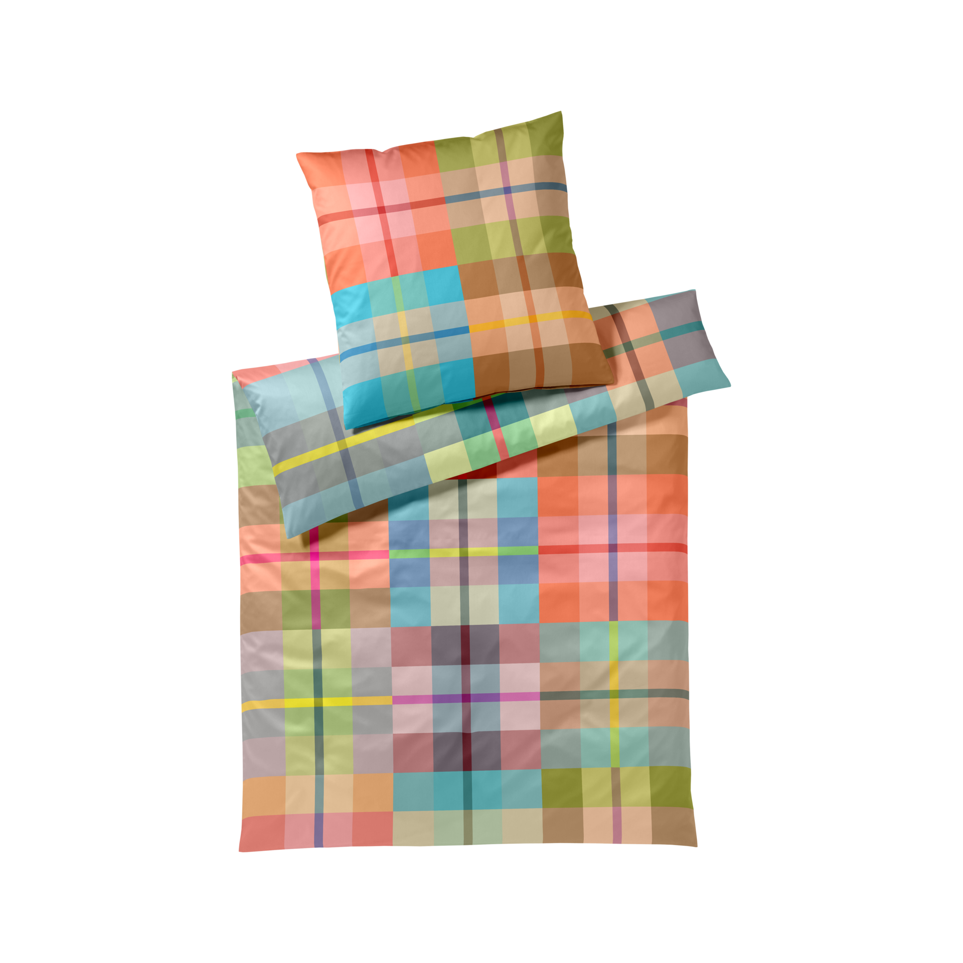 Linge de lit « Dundee » au motif à carreaux éclatant. La housse de couette et les deux taies d'oreiller arborent un motif coloré composé de lignes roses, orange, bleues, vertes, jaunes, marron et grises. Tissu en satin de Mako doux comme de la soie.