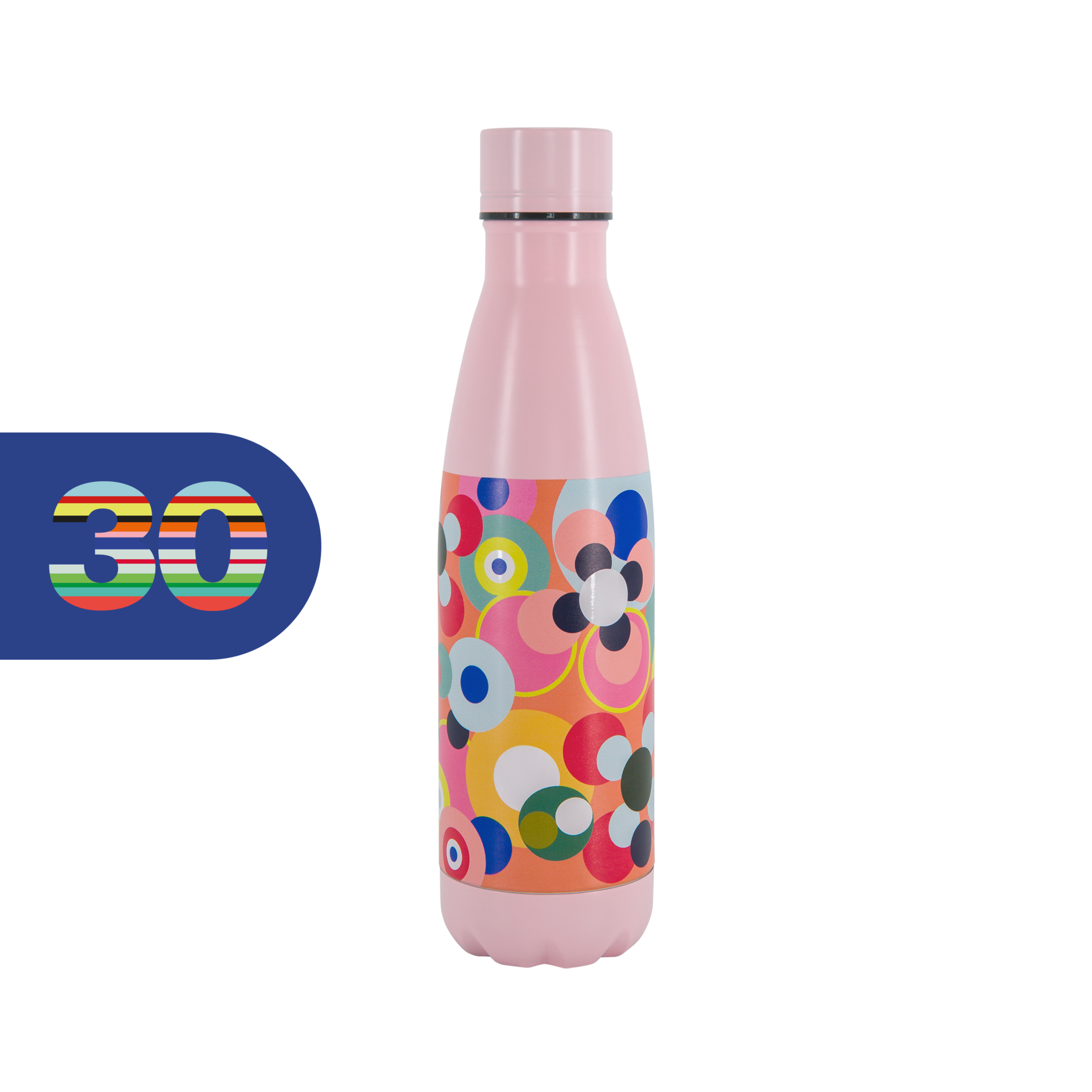 Rosa Edelstahl-Trinkflasche mit buntem Kreismuster und rosa Deckel. Links daneben ein blaues Feld mit einer bunten 30.