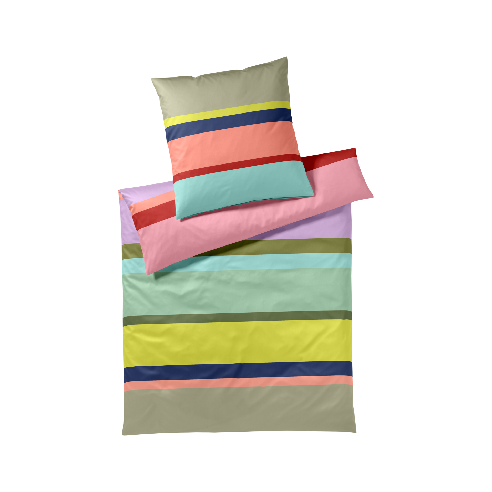 Parure de lit plissée en satin Mako très doux, avec taie d'oreiller et housse de couette. Les deux housses présentent de larges rayures horizontales aux couleurs vives : beige, jaune, bleu foncé, corail, rouge, etc.