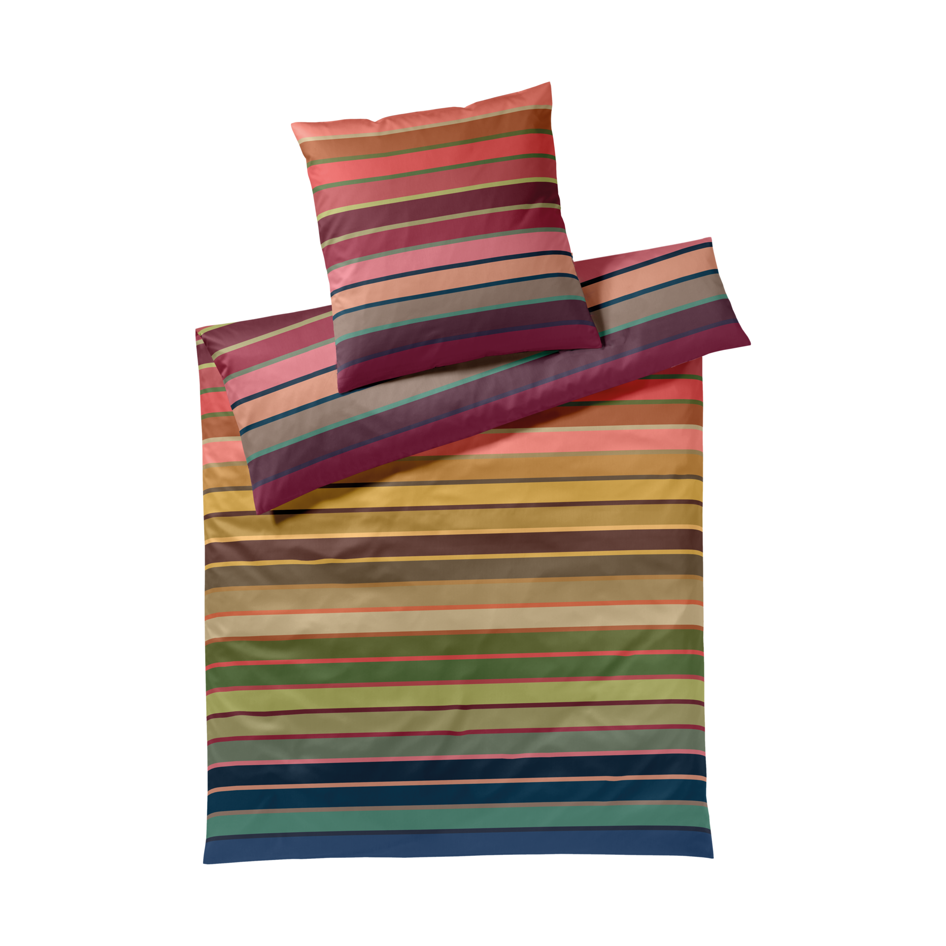 Mako-Satin Bettwäsche 'Ascona' (155x220 cm) mit Streifen in Rot-, Grün- und Brauntönen, bestehend aus Bettbezug und zwei Kissenbezügen.