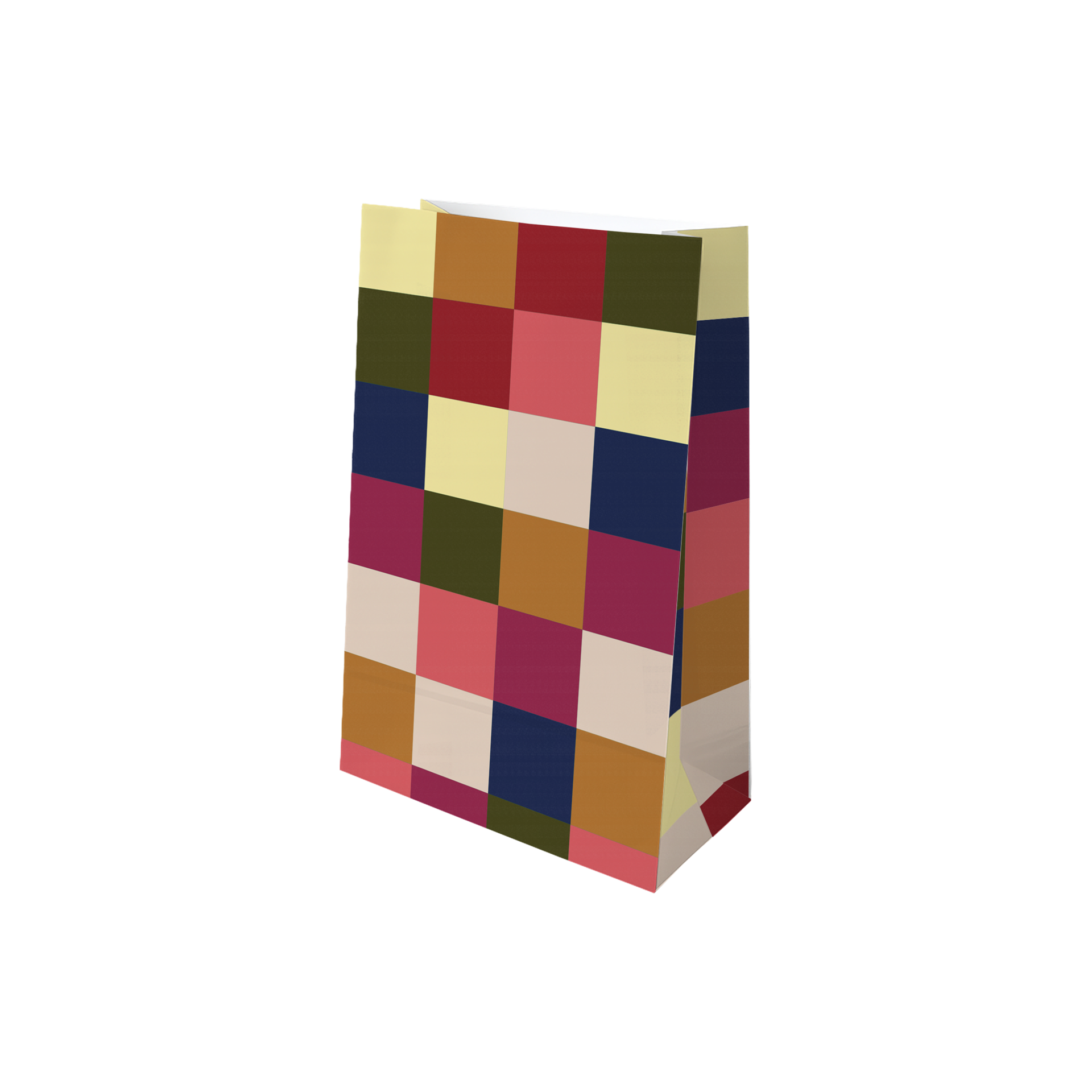 Stehende Papiertüte für den Adventskalender, verziert mit buntem Schachbrettmuster. Quadrate in dunklem Blau, Olivegrün, Cremegelb, warmem Pink und Dunkelrot. Leicht nach rechts gedreht, zeigt Vorder- und Seite.