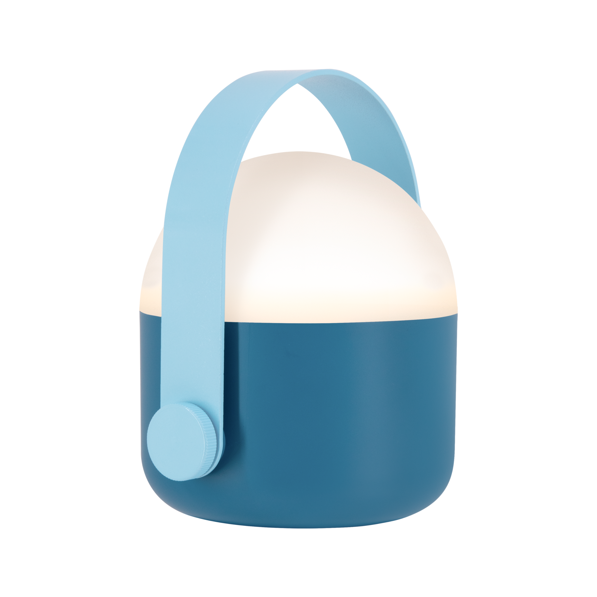 Blaue Leuchte Ole mit Henkel. Der obere Teil ist leuchtend weiß, der untere Teil ist blau. Ein hellblauer Henkel ist oben angebracht.