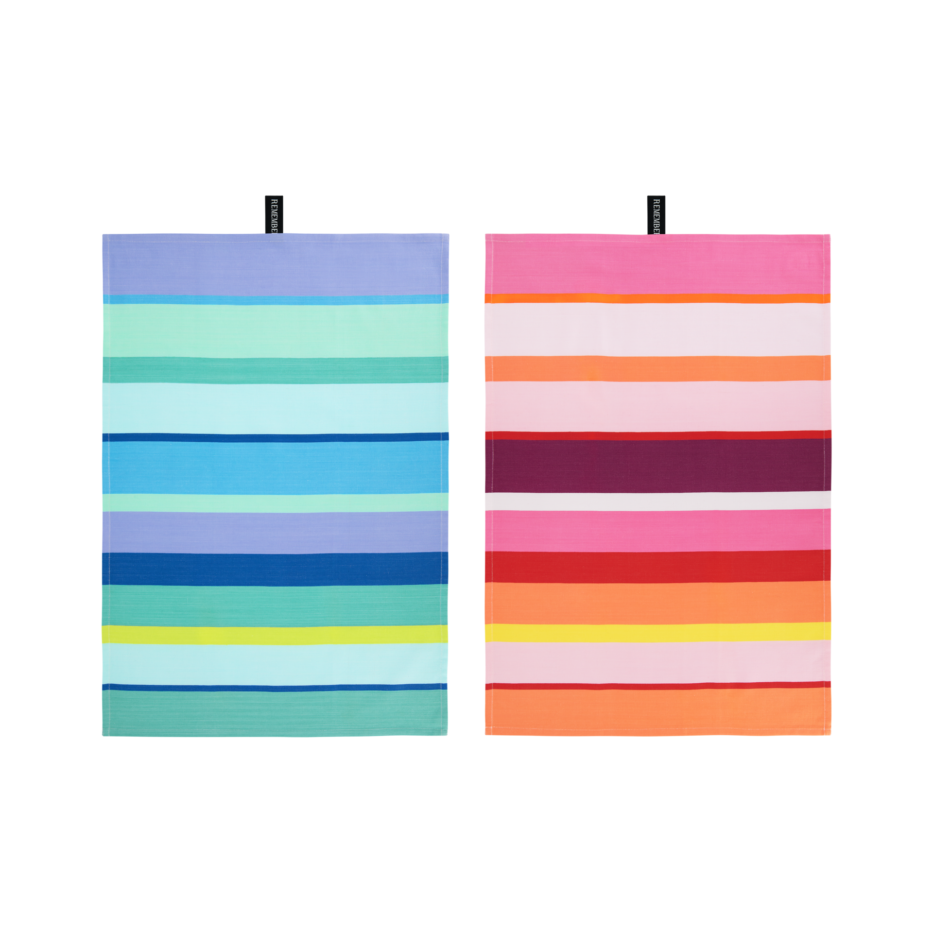 Zwei Geschirrtücher mit horizontalen Streifen in bunten Farben. Links Blau-, Grün- und Lilatöne, rechts Rosa-, Orange- und Rottöne.