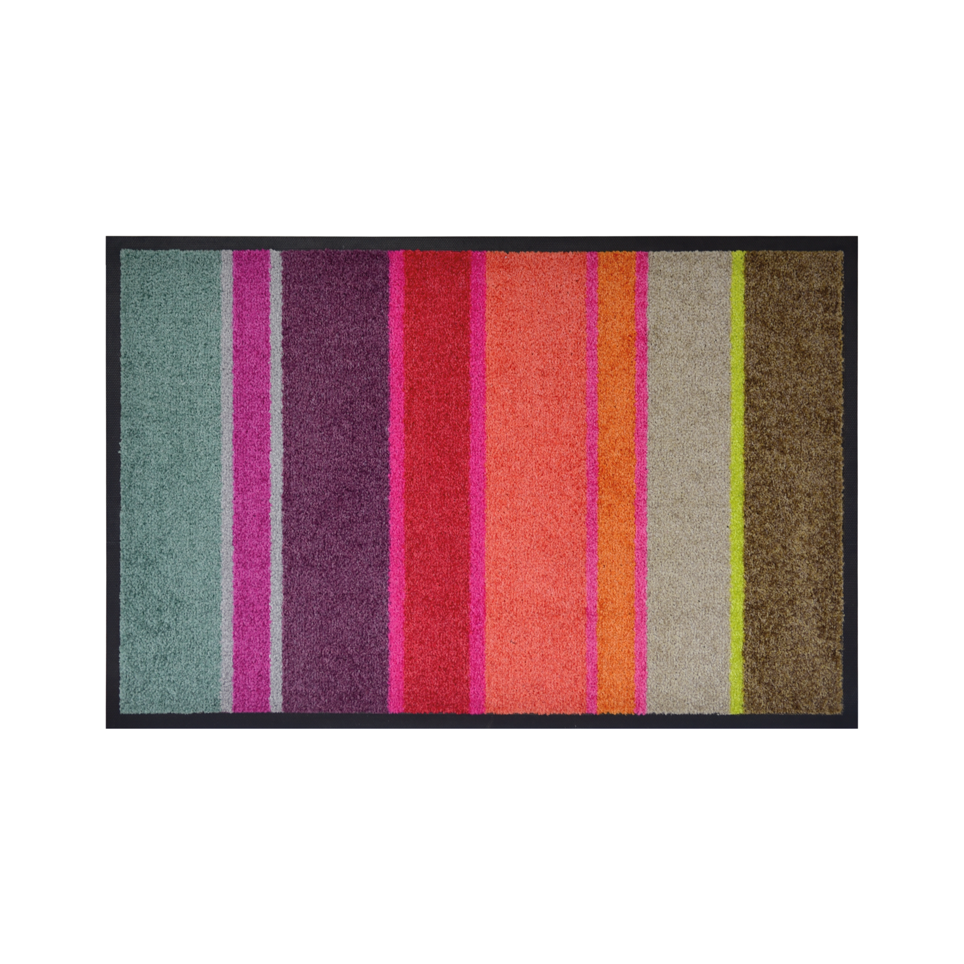 Rechteckige Fußmatte 'Largo' mit einem schwarzen Rand. Das Muster besteht aus vertikalen Streifen in Grün, Pink, Lila, Rot, Orange, Beige und Braun.