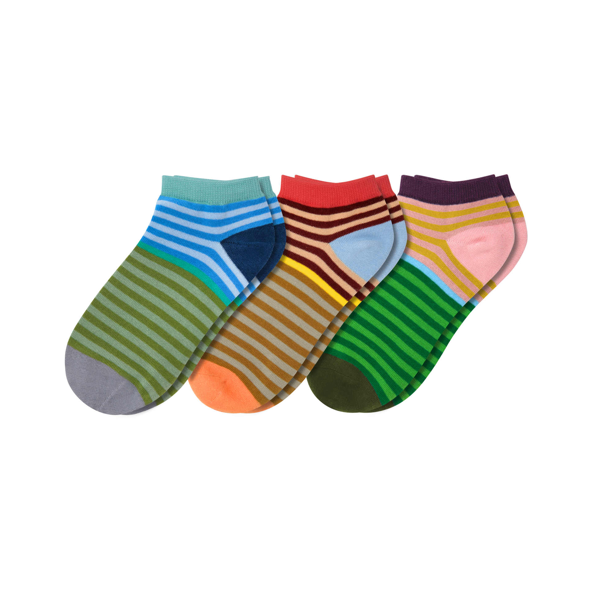Drei Paar gestreifte Sneakersocken in unterschiedlichen Farben. Das linke Paar ist blau-grün, das mittlere braun-rot und das rechte grün-rosa.