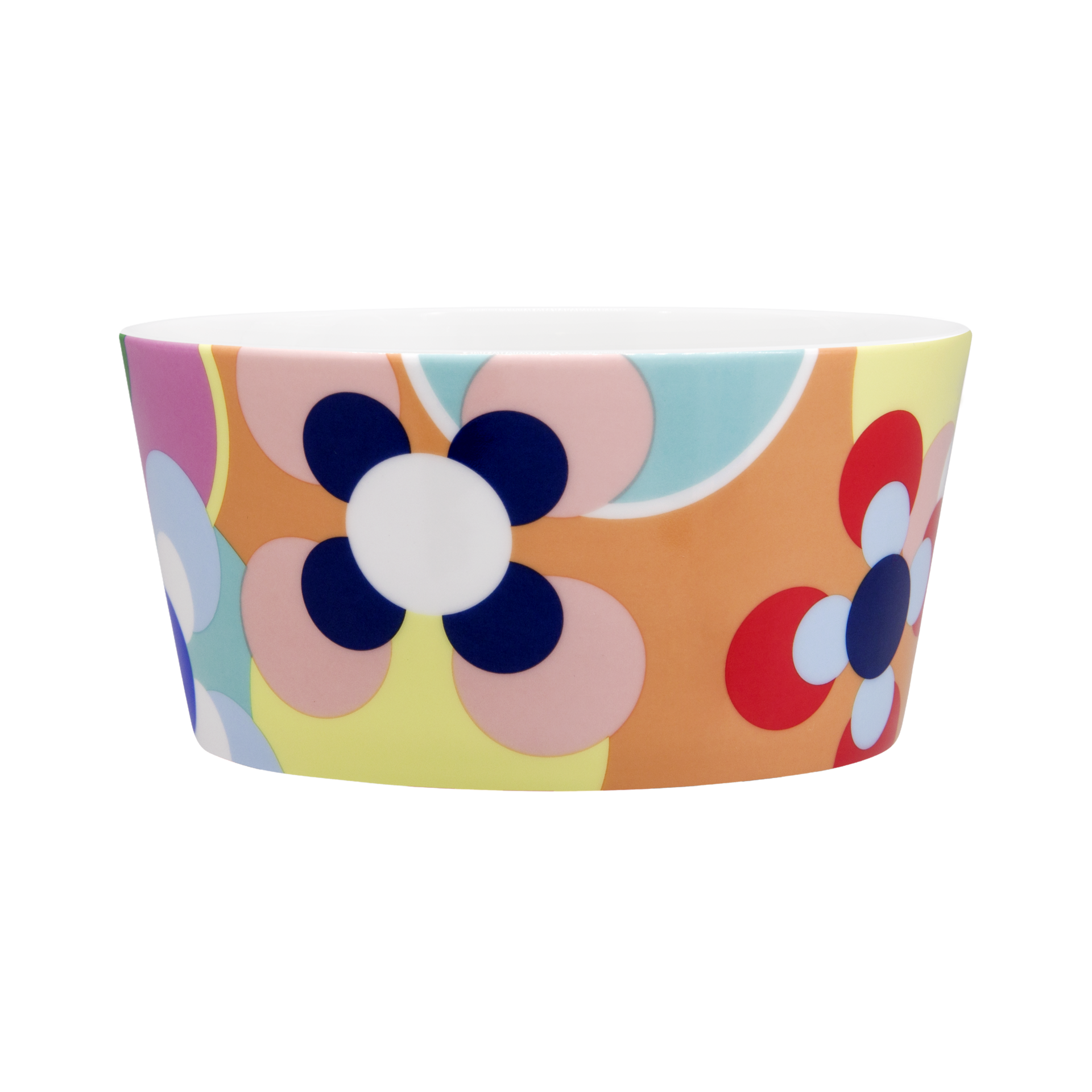 Eine Müslischale mit abstraktem Blumenmuster in Gelb, Orange, Blau, Rosa und Weiß. Die Innenseite der Schale ist weiß.