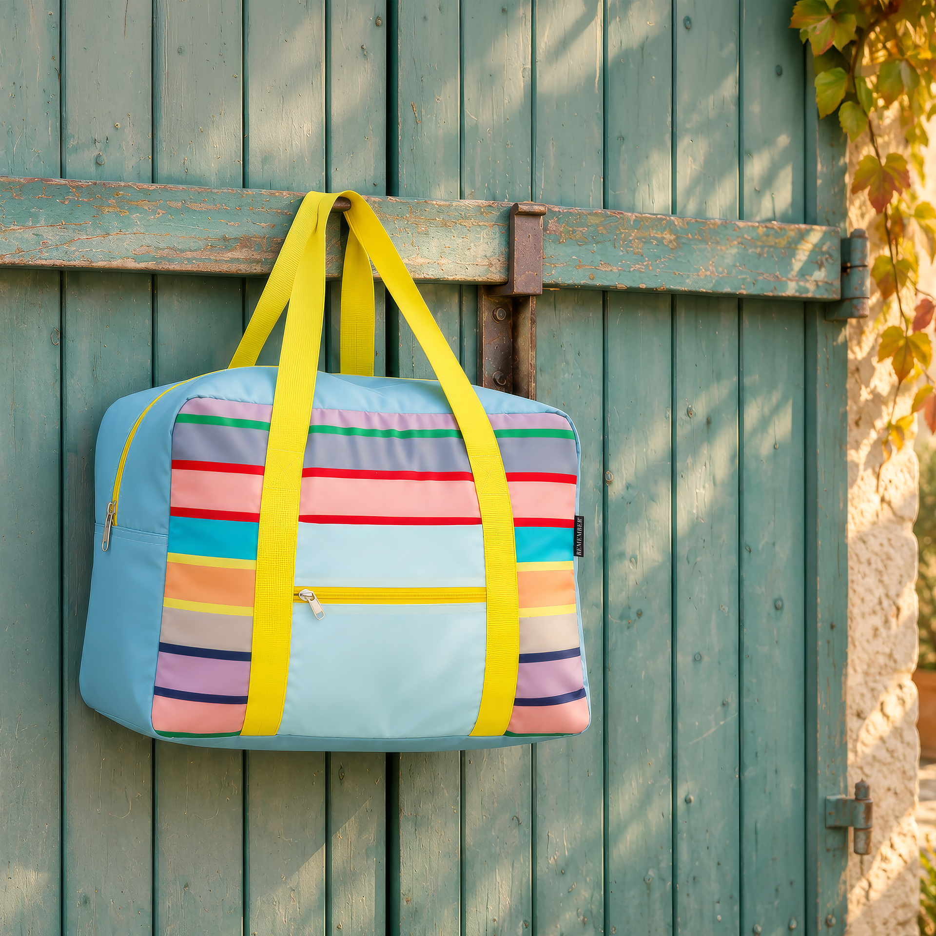 Sac de loisirs et de voyage rectangulaire à rayures bleu clair, rose, vert, gris, rouge, turquoise, orange, jaune, bleu foncé et violet. Dessus et côtés bleu clair. Deux poignées jaune vif et fermetures à glissière jaunes.