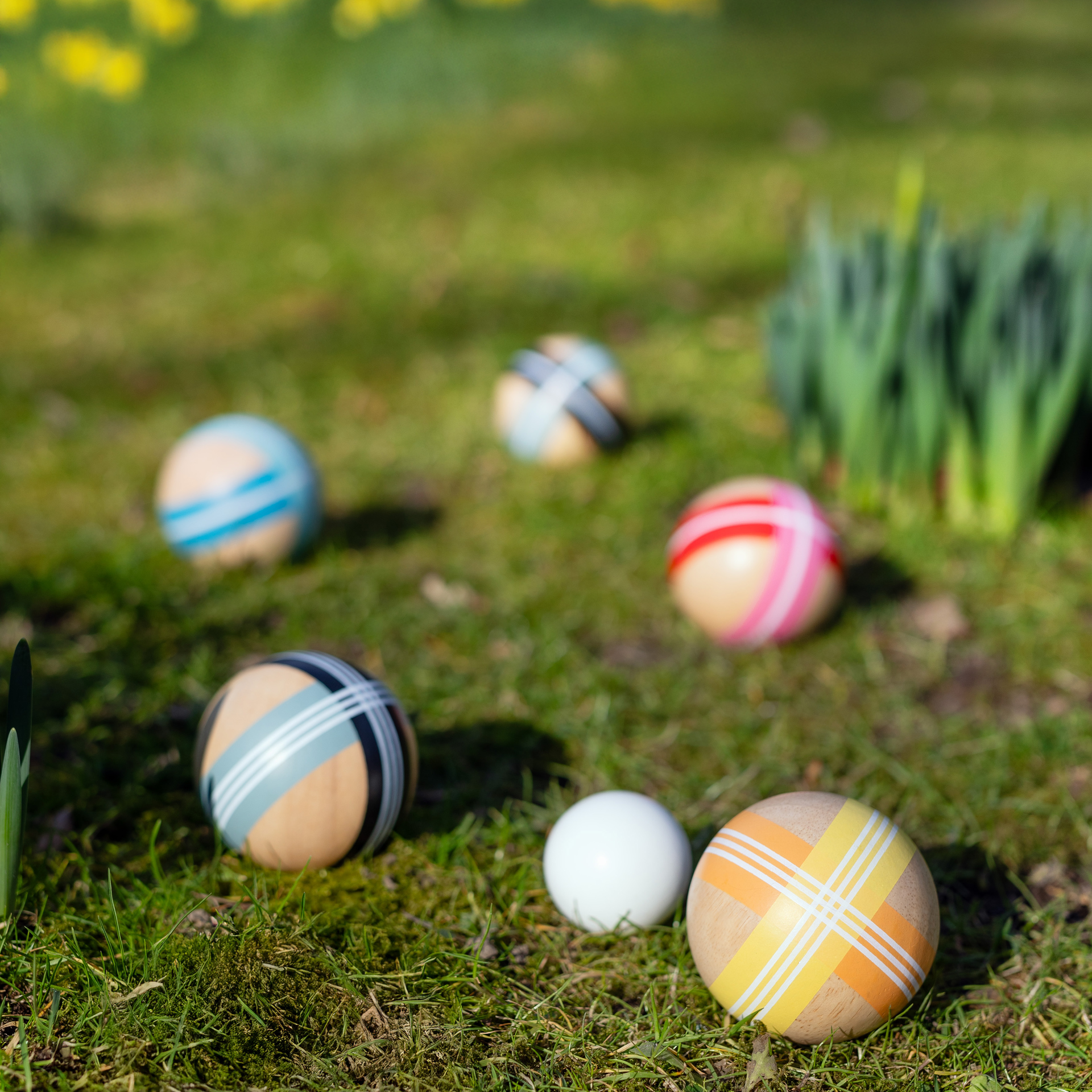Auf einer Wiese liegen mehrere Boccia-Kugeln aus Holz mit bunten Streifen, sowie eine kleine weiße Zielkugel.