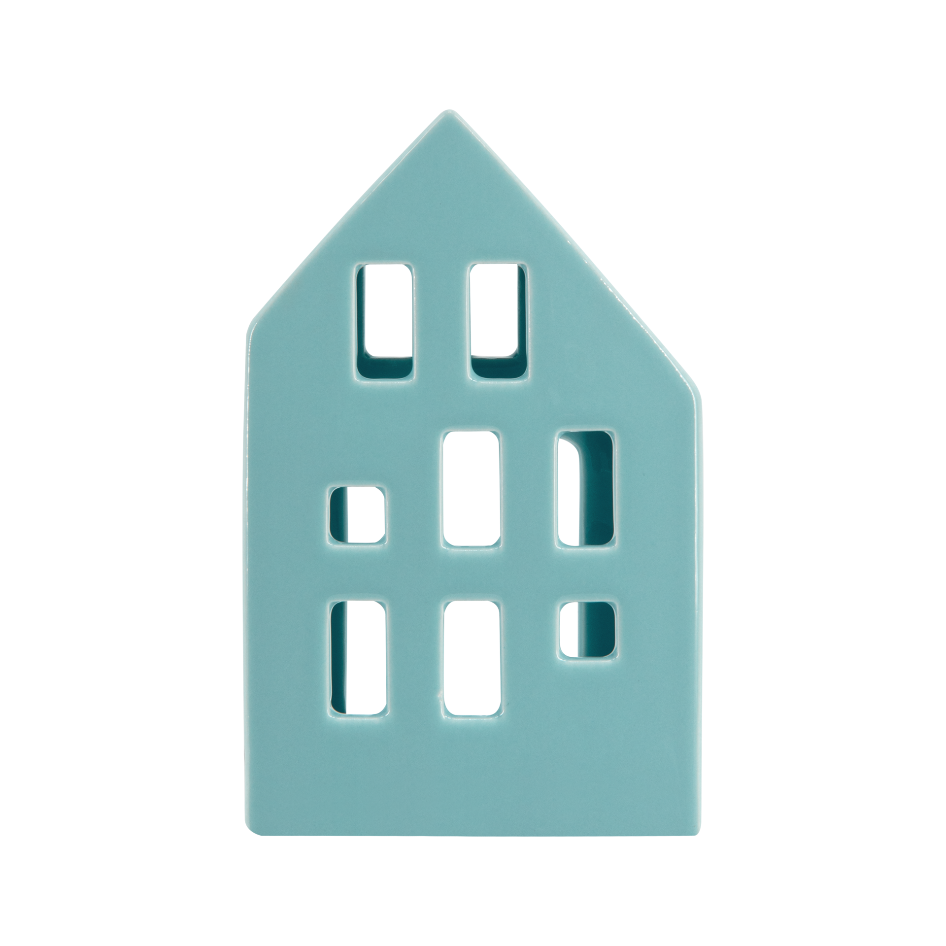 Ein blaues Teelichthaus Nyhavn aus Keramik mit mehreren, unterschiedlich geformten Fensteröffnungen auf weißem Hintergrund.
