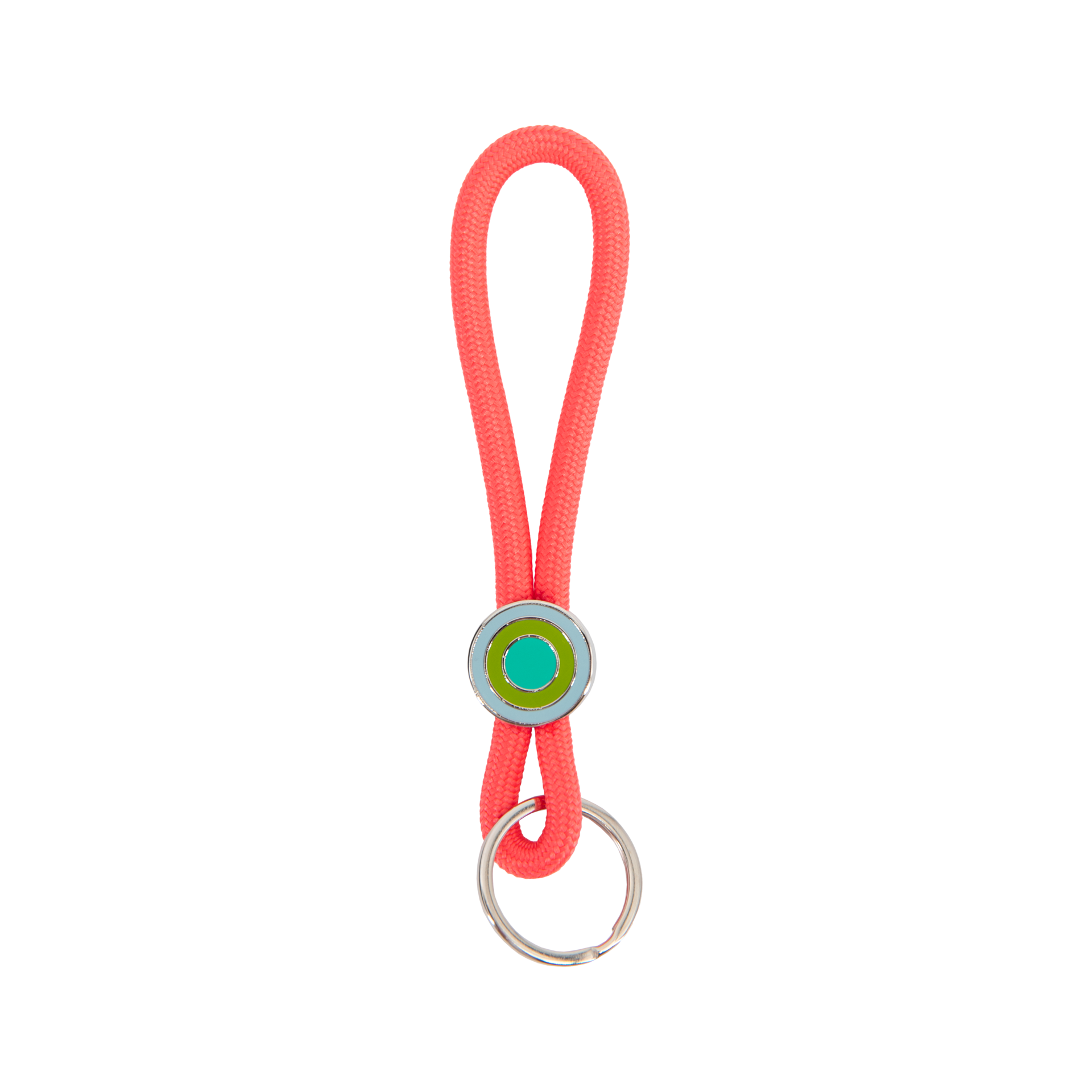 Roter Schlüsselanhänger Ringo mit Schlüsselring und einem runden Zierelement mit grünem und blauem Kreis-Muster.