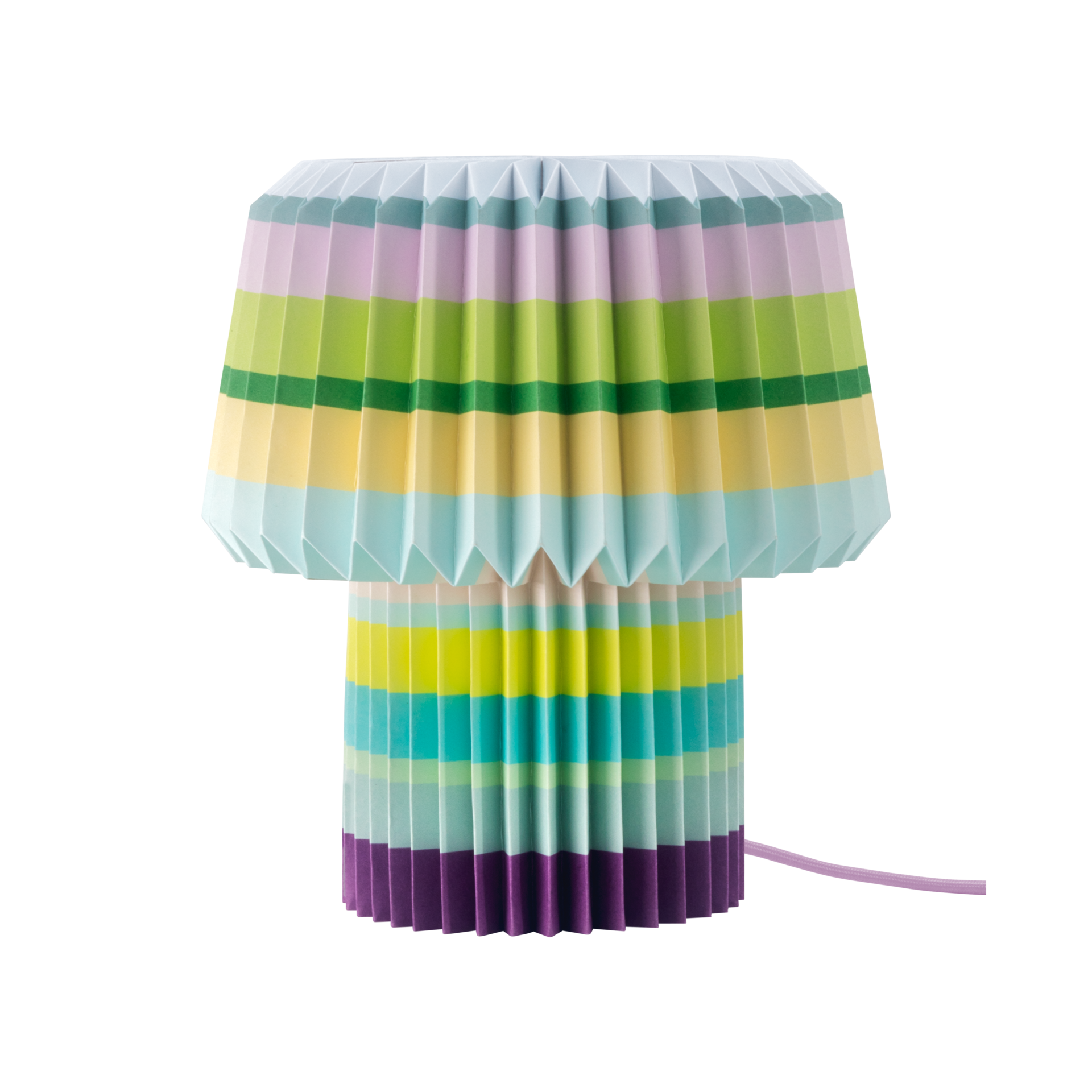 Freigestellte Papierleuchte 'Anna stripes' mit plissiertem, farbig gestreiften Schirm. Farbpalette: Lila, Grün, Gelb und Blautöne. Ein Textilkabel ist sichtbar.