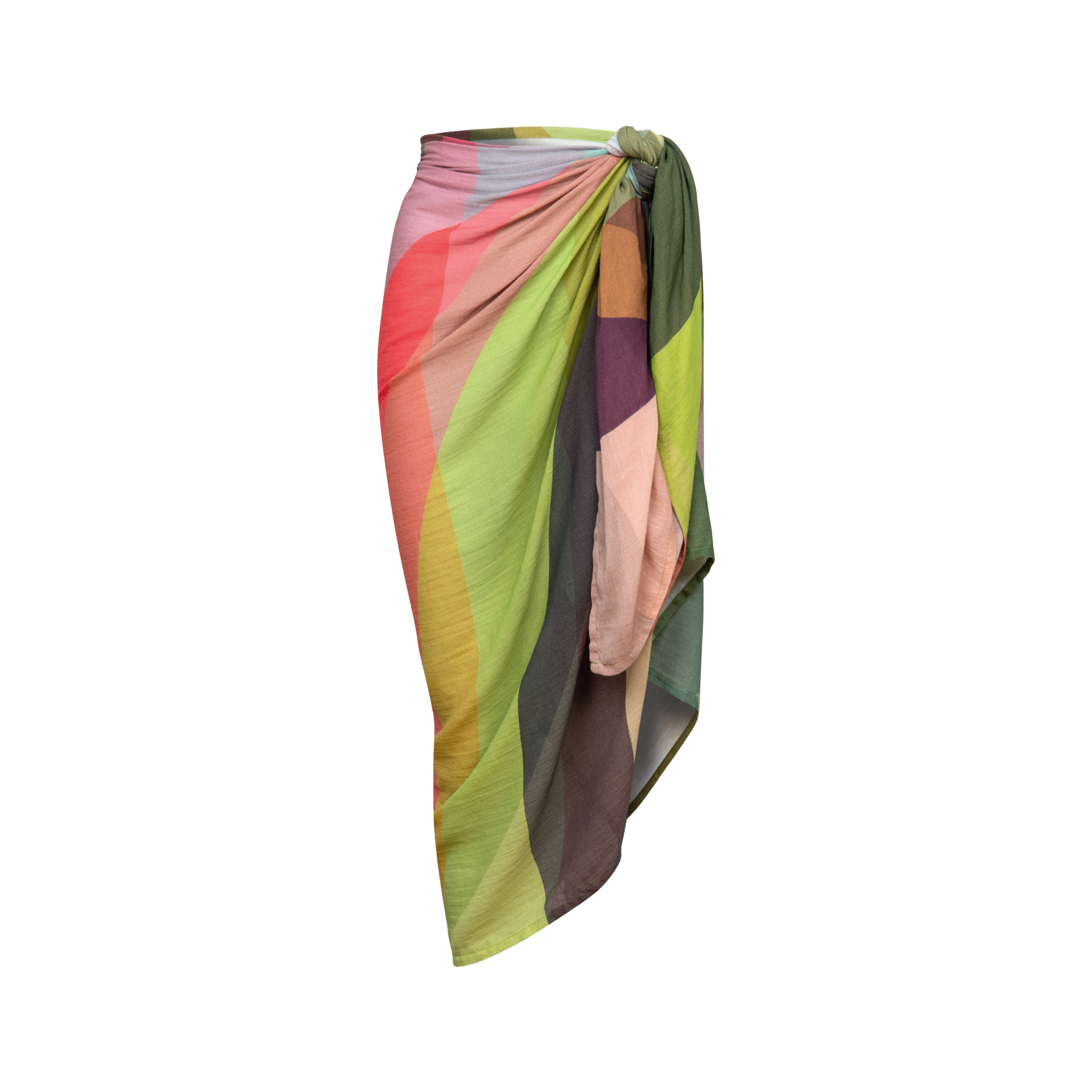 Pareo annodato e colorato nei toni del rosa, del verde e del marrone. Il pareo è legato e drappeggiato come una gonna.