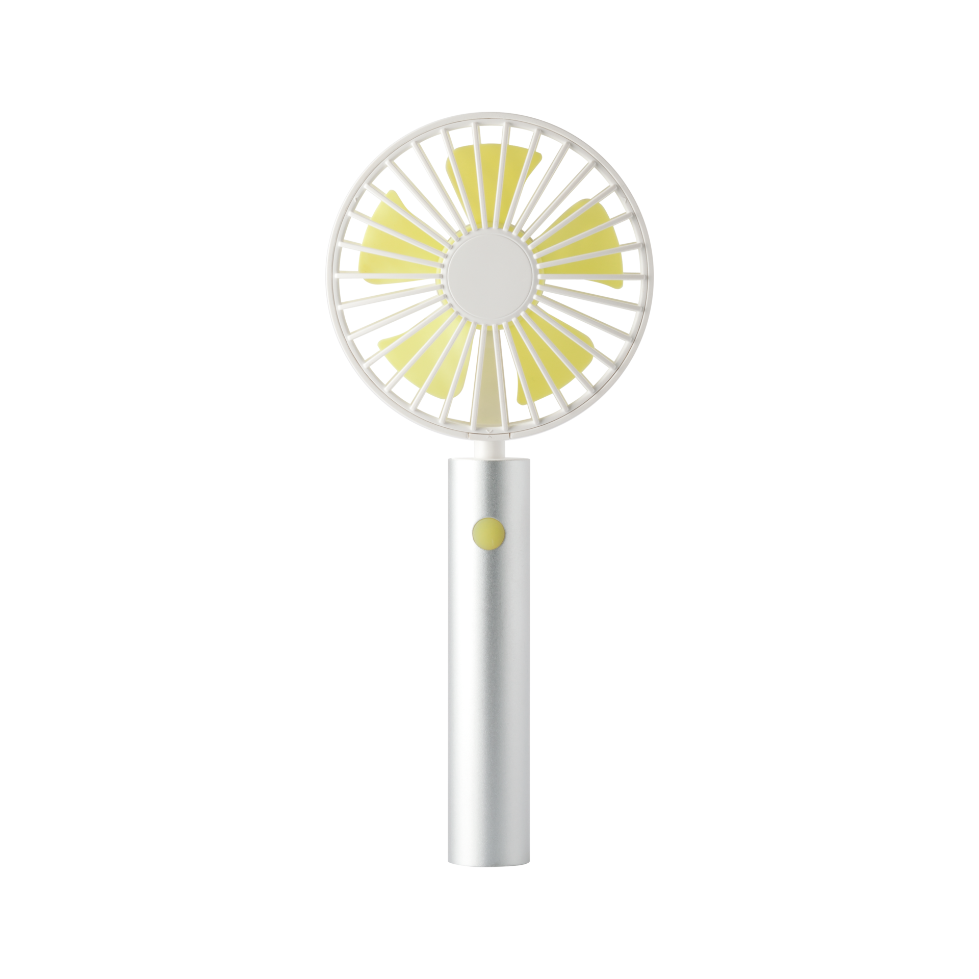Silberner, tragbarer Ventilator mit gelben Rotorblättern in Nahaufnahme. Weißes Schutzgitter und runder Knopf am Griff.