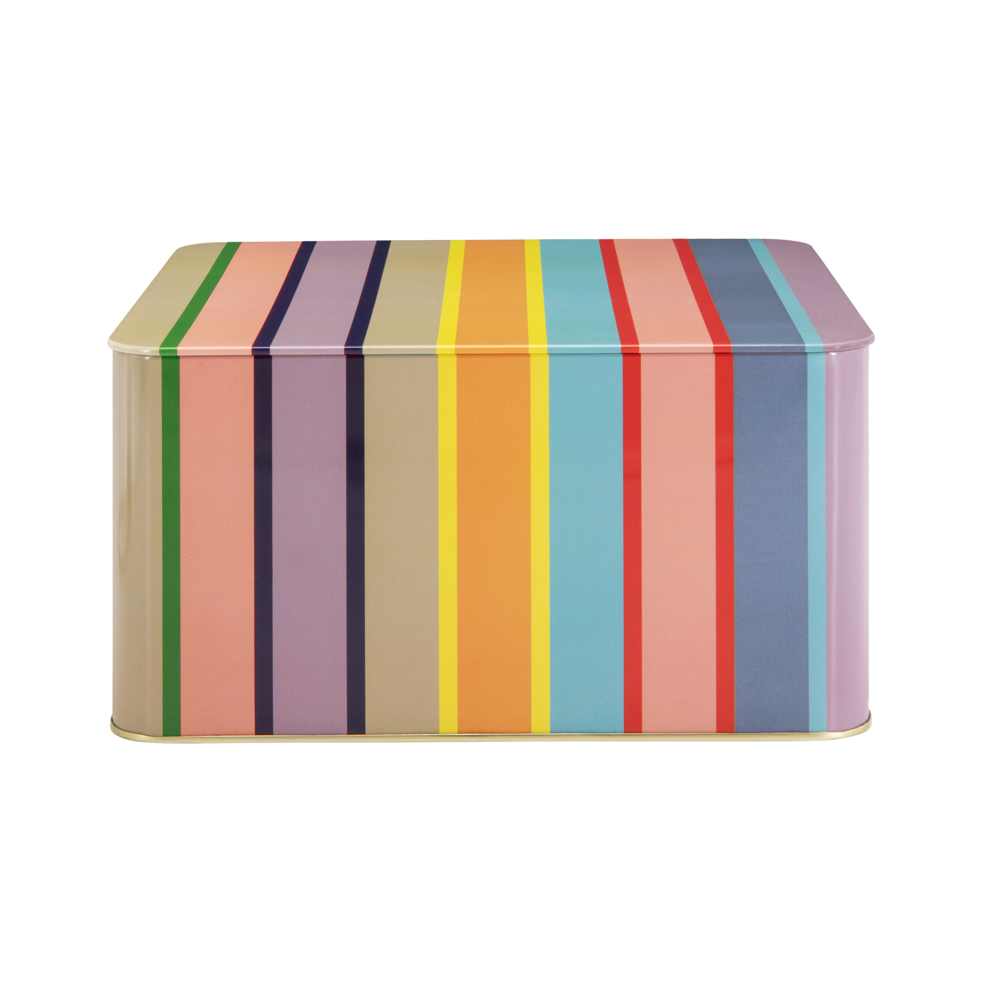Boîte rectangulaire en fer-blanc aux angles arrondis, ornée d'un motif vif à rayures verticales (vert, pêche, violet, beige, bleu foncé, jaune, orange, bleu clair, rouge). Idéale pour le rangement, lot de 3 « Remember 30 ».