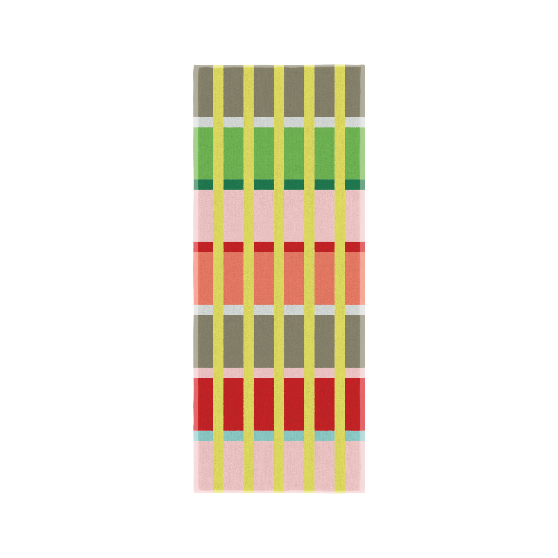 Serviette de bain Kaido à motif vertical coloré en damier : grands blocs horizontaux rose pastel, rouge, vert clair et gris-brun, avec fines rayures verticales jaune clair et étroites rayures blanches et bleu clair.
