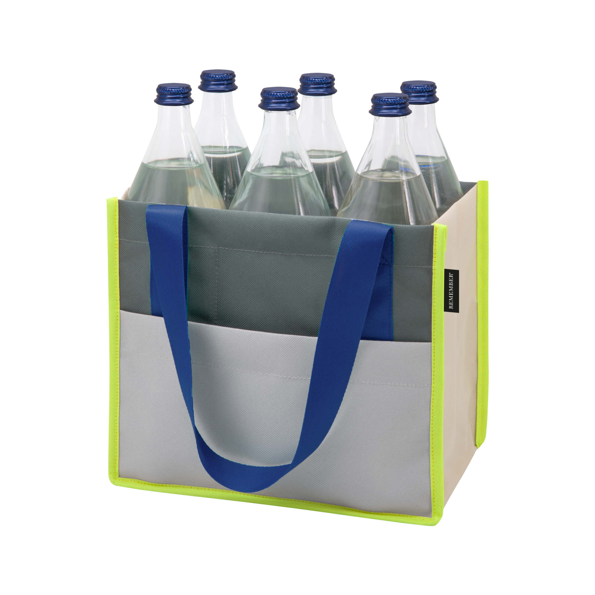 Flaschentasche 'Stone' mit sechs Glasflaschen. Die Tasche ist grau, beige und hat blaue Trageriemen. Ein gelber Rand betont die Form.