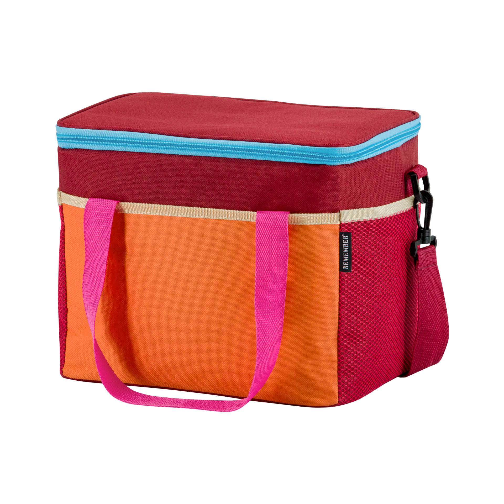 Freistehende, bunte Kühltasche 'Telli' mit Trageriemen und Schultergurt. Der obere Teil ist rot mit einem hellblauen Reißverschluss. Die Mitte ist orange, die Seite rot-netzartig.