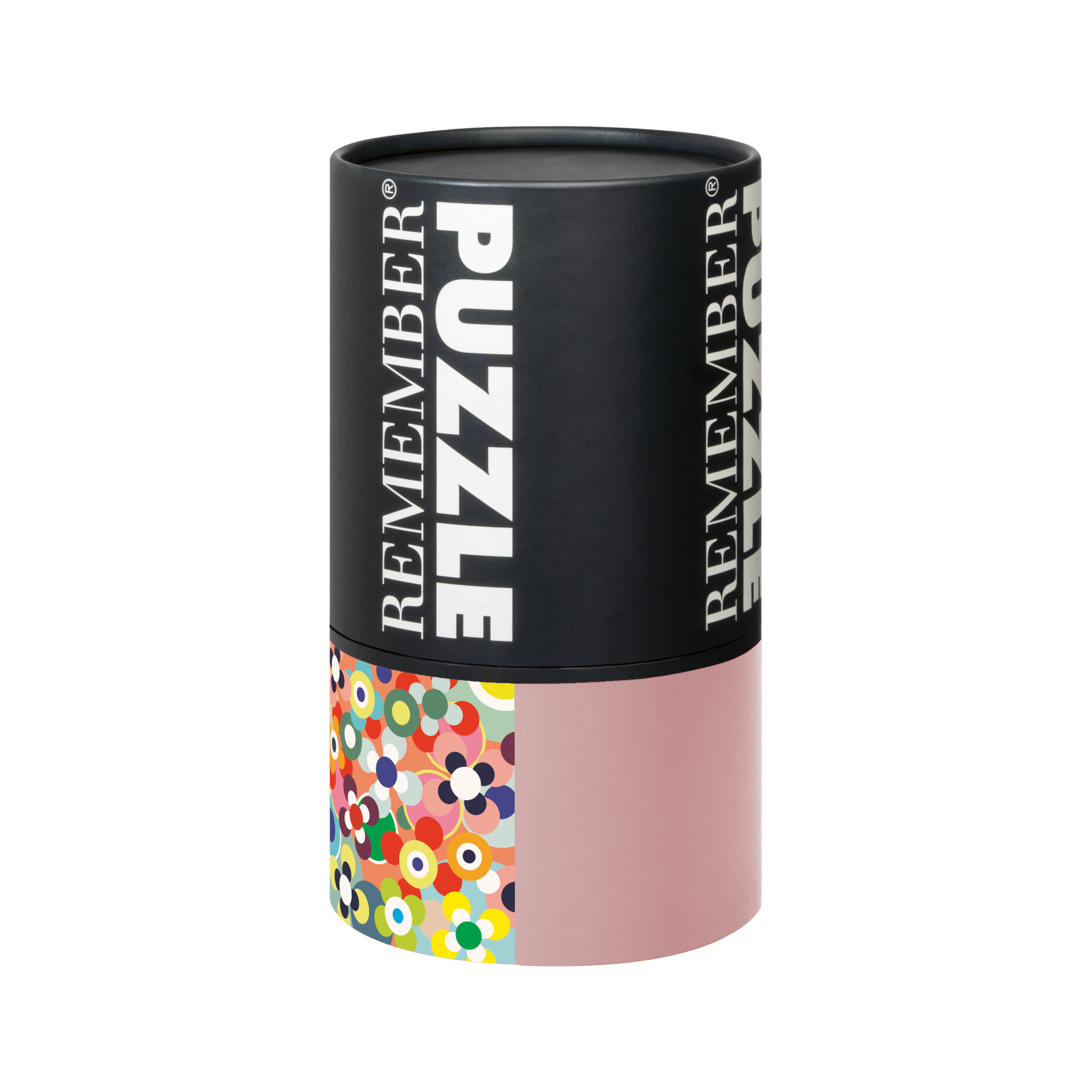 Zylindrische Puzzle-Verpackung. Der obere Teil ist schwarz mit dem weißen Schriftzug "REMEMBER PUZZLE". Der untere Teil ist rosa mit bunten Blumenmuster.