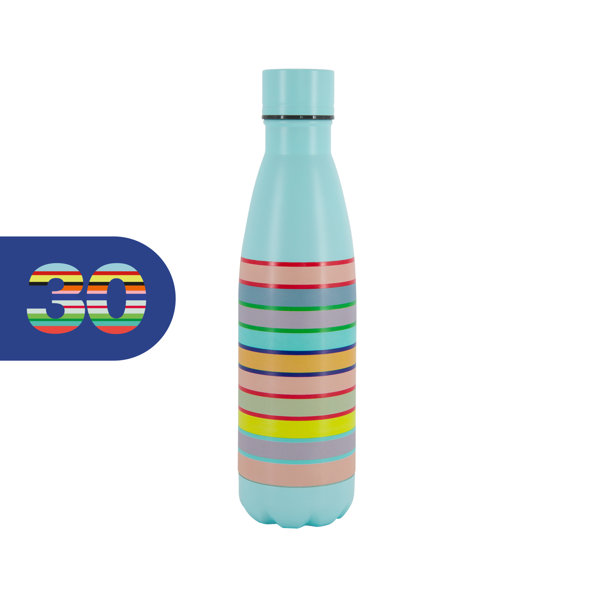 Türkisfarbene Edelstahl-Trinkflasche „Remember 30“ mit bunten horizontalen Streifen. Links daneben ist die Zahl „30“ in einem blauen Feld.