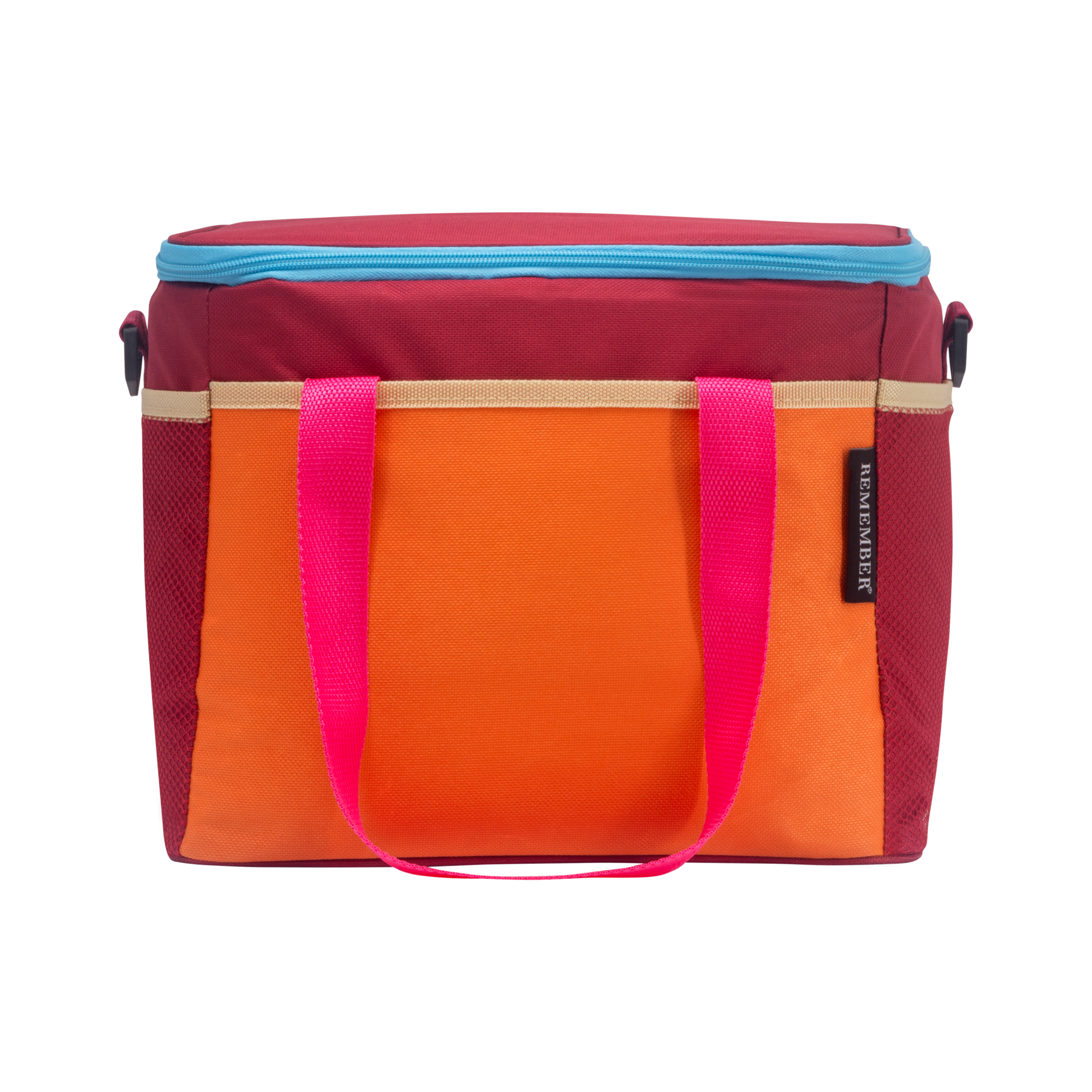 Frontansicht der Kühltasche 'Telli' in Rot, Orange und Pink. Die Tasche verfügt über Tragegriffe und ein Seitennetzfach. Der Reißverschluss ist blau.
