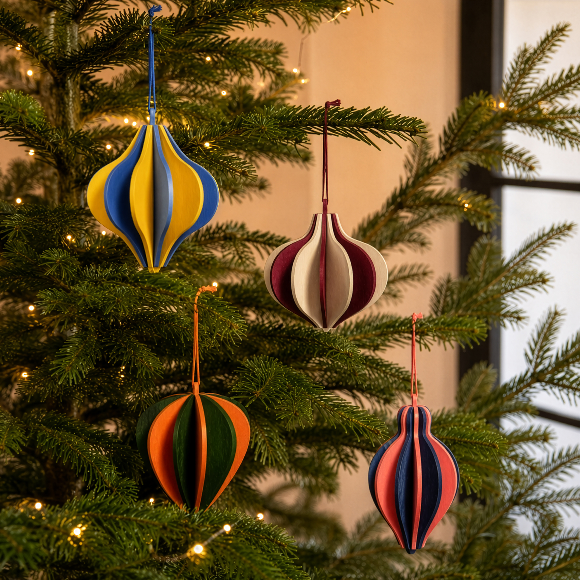 Quatre décorations suspendues en bois, en contreplaqué lamellé, bicolores et de forme bombée ou en forme de goutte. Couleurs : bleu-jaune, bordeaux-beige, orange-vert, bleu foncé-corail. Pour décorer le sapin ou comme décoration.
