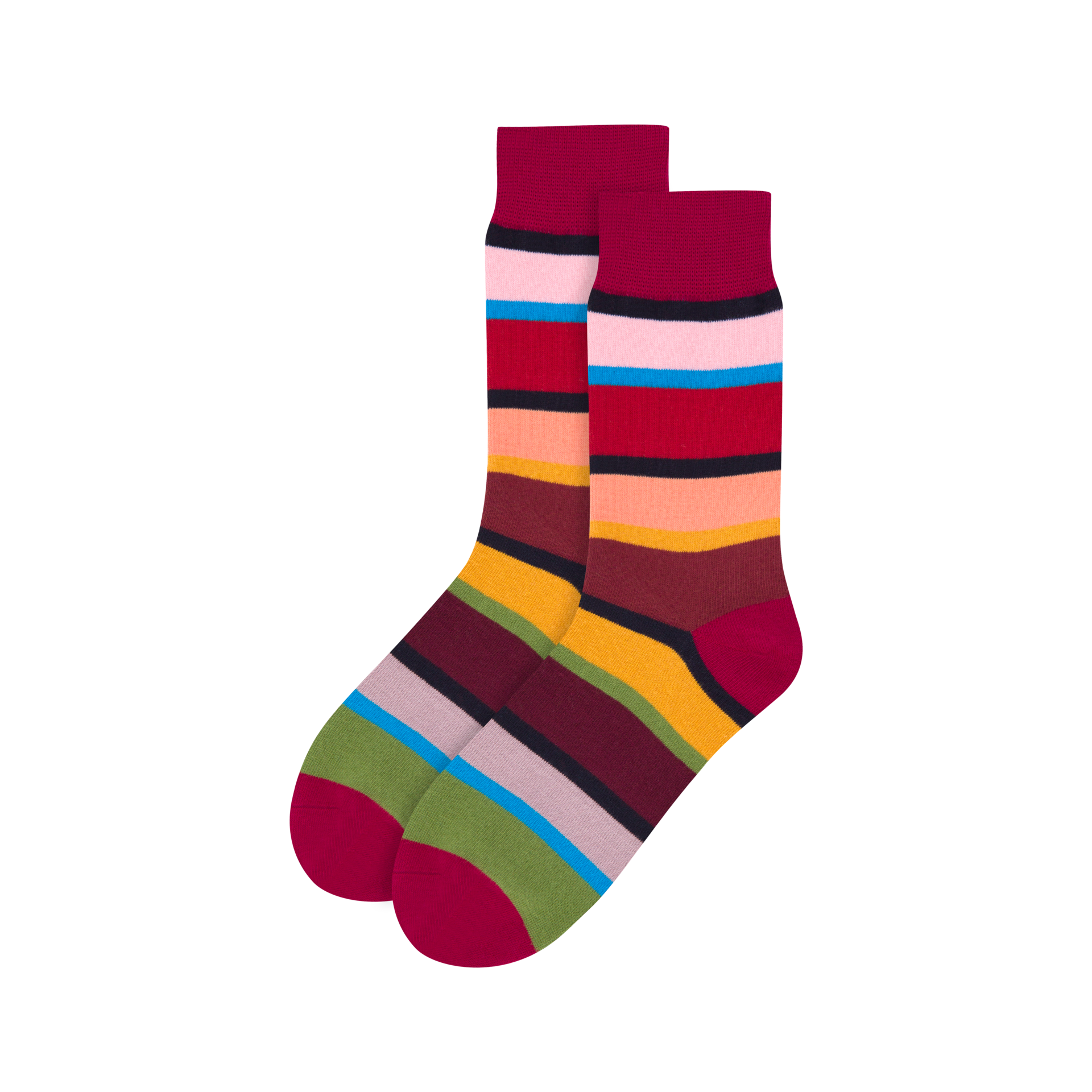 Zwei bunte Socken, Größe 36-41, mit horizontalen Streifen in Rot, Rosa, Grün, Gelb und Blau.