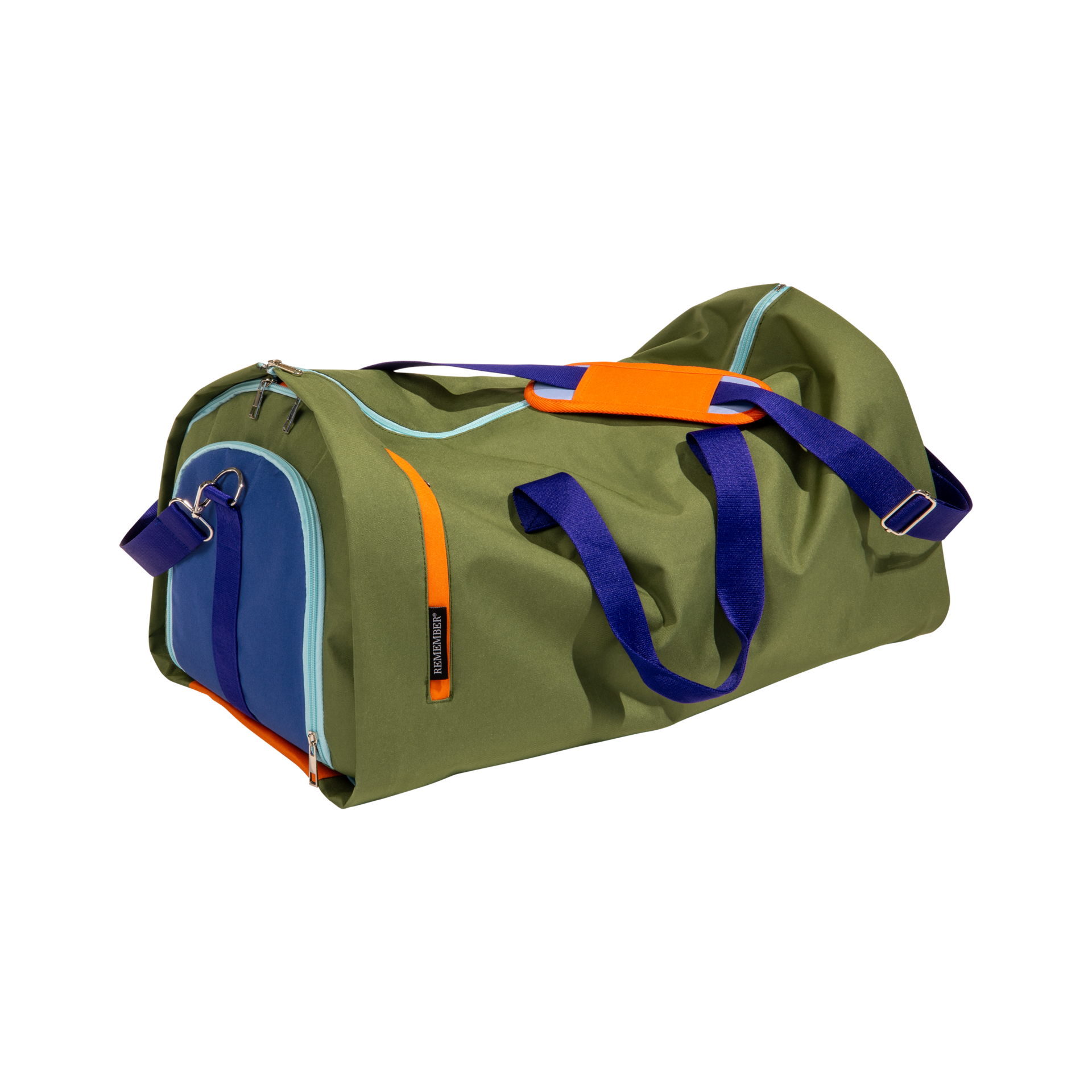 Sac de voyage Lennard vert olive, présenté de profil. Avec des poignées bleues, une bandoulière dotée d'un rembourrage orange et des poches latérales bleu foncé dotées de fermetures éclair bleu clair. Hydrofuge, idéal pour les déplacements.