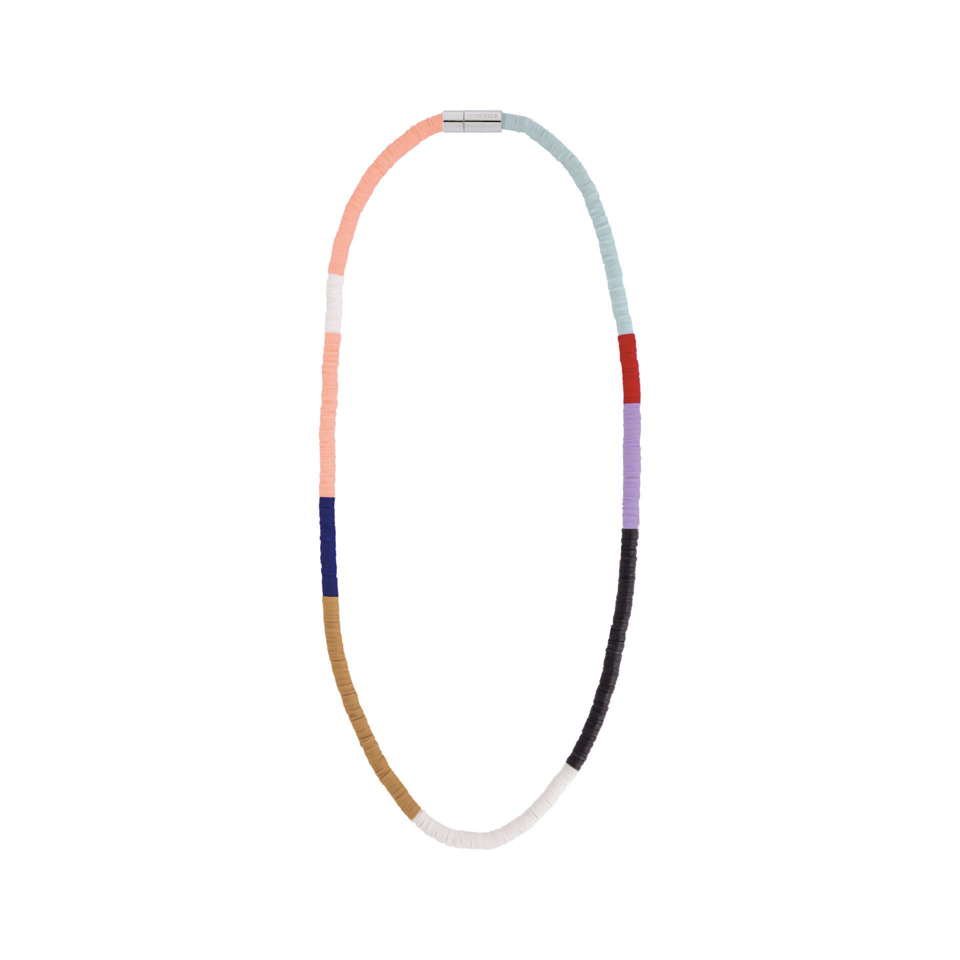 Halskette aus flachen, runden Scheibenperlen, oval auf weißem Hintergrund. Farbblöcke: Pfirsich, Weiß, Marineblau, Goldbraun, Weiß, Schwarz, Lavendel, Rot und Hellblau. Silberfarbener Verschluss.