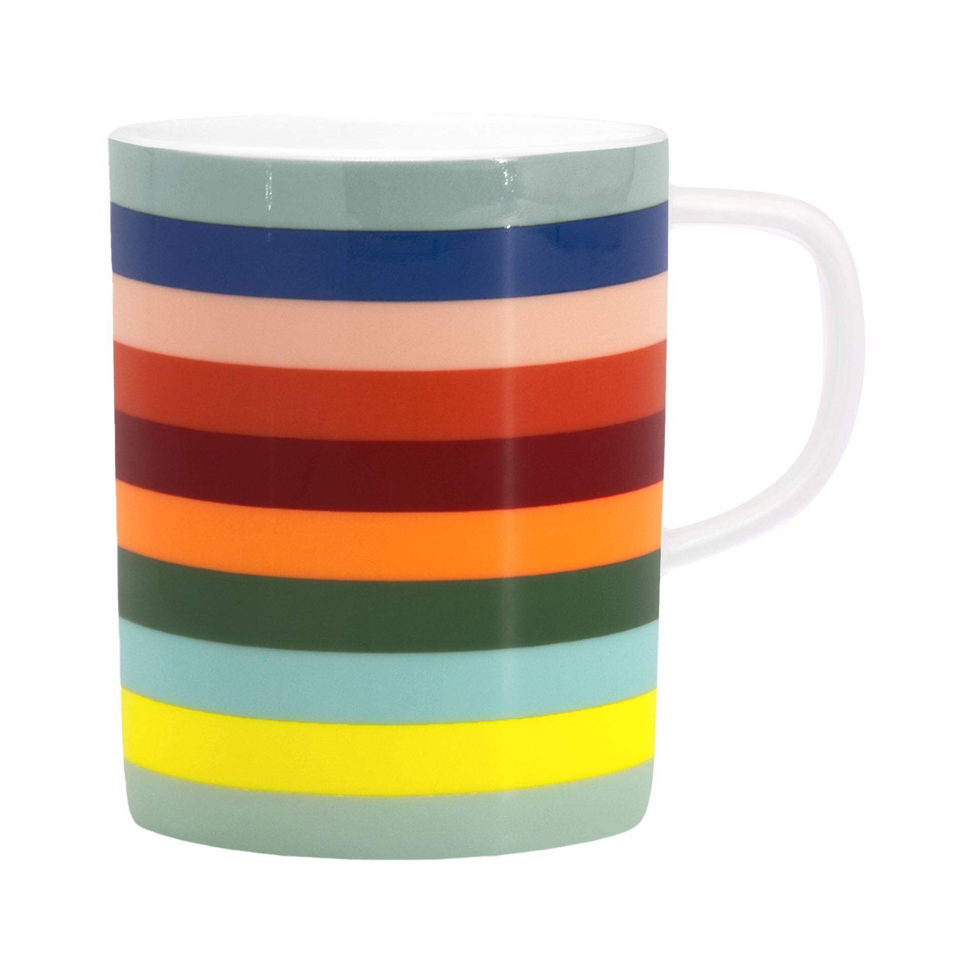 Eine Tasse 'Lorenzo' aus Porzellan mit bunten, horizontalen Streifen und einem weißen Henkel.
