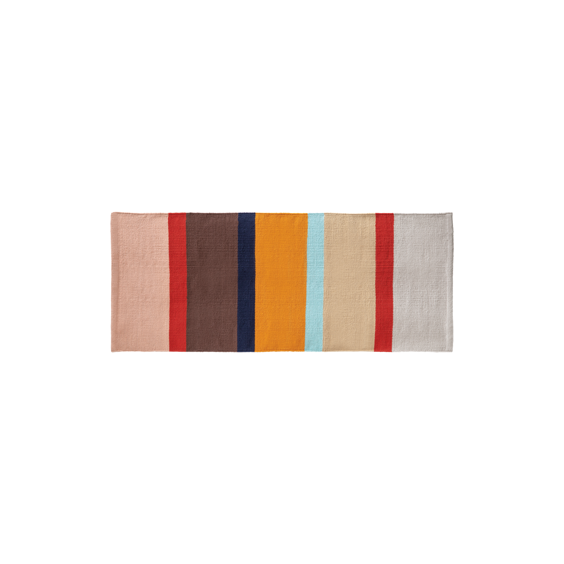 Tapis de sol 'Zaza' à poils courts, tissé à la main, en coton, avec des rayures colorées dans les tons marron, rouge, orange et bleu sur un fond clair.