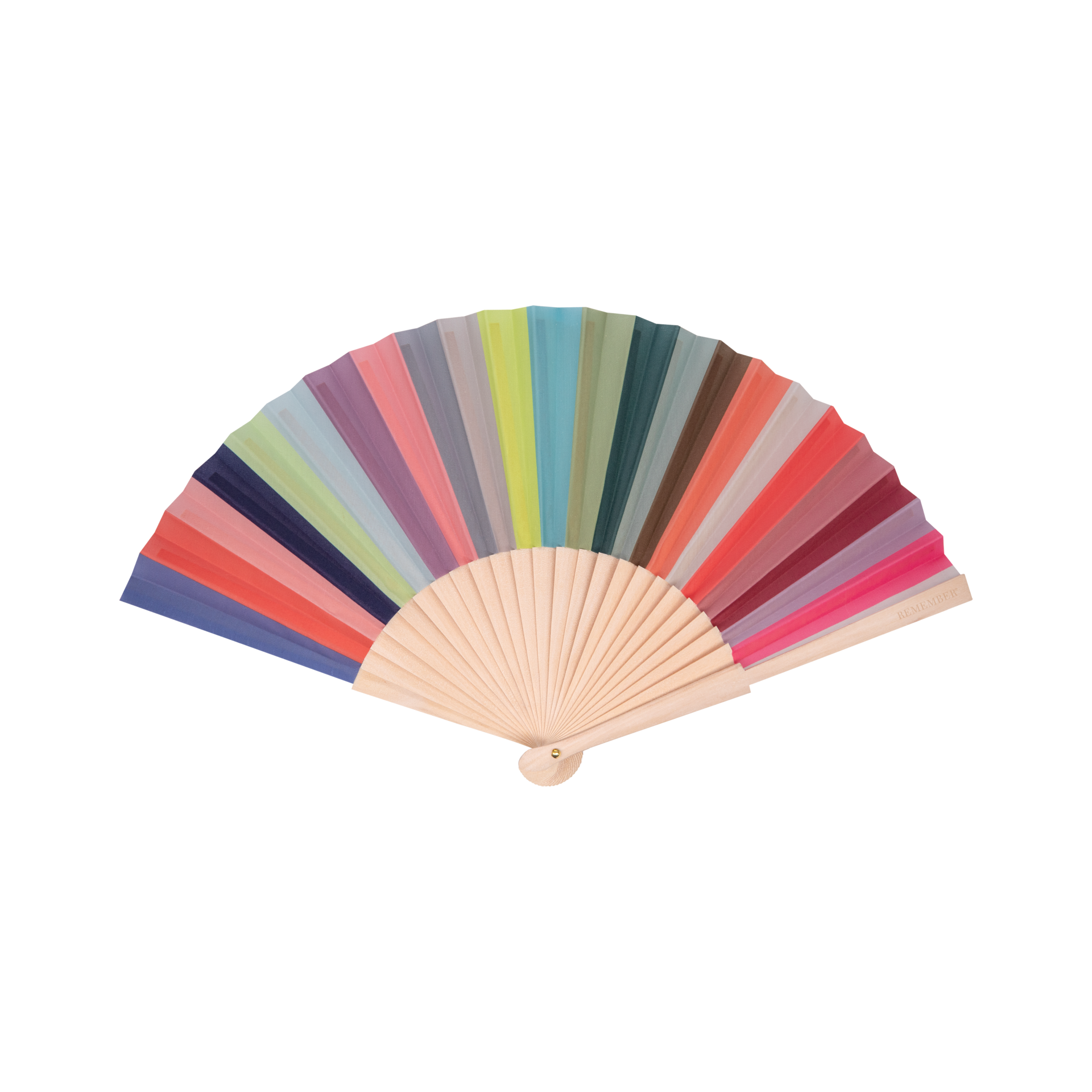 Geöffneter Handfächer 'Lorenzo' mit Holzrippen und farbigem Stoff in Blau, Rot, Grün, Grau und Pink.