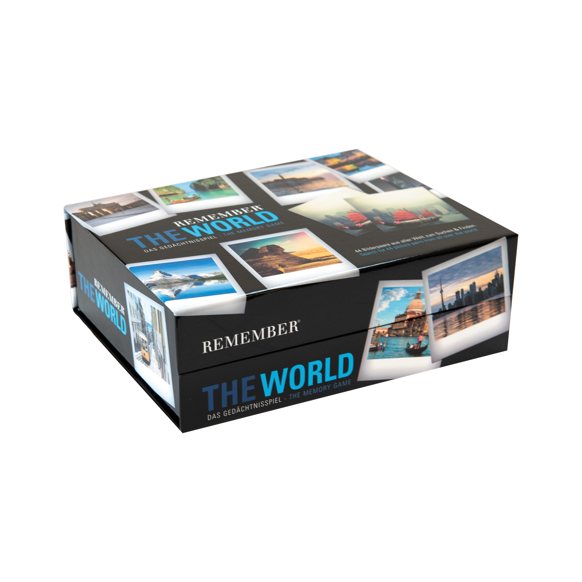 Eine geschlossene, schwarze Magnetbox des Spiels "Remember The World" mit Bildern von Sehenswürdigkeiten aus aller Welt darauf.