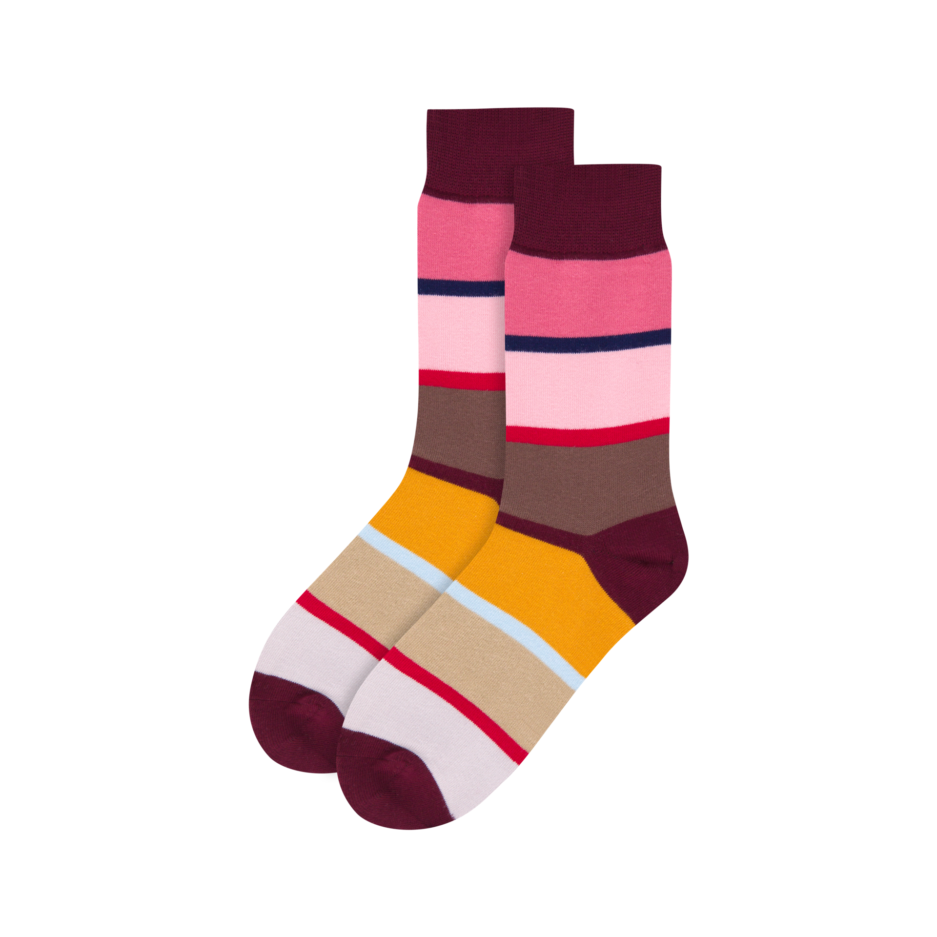 Zwei gestreifte Socken in unterschiedlichen Farben, isoliert auf weißem Hintergrund. Das Bündchen ist bordeauxrot.