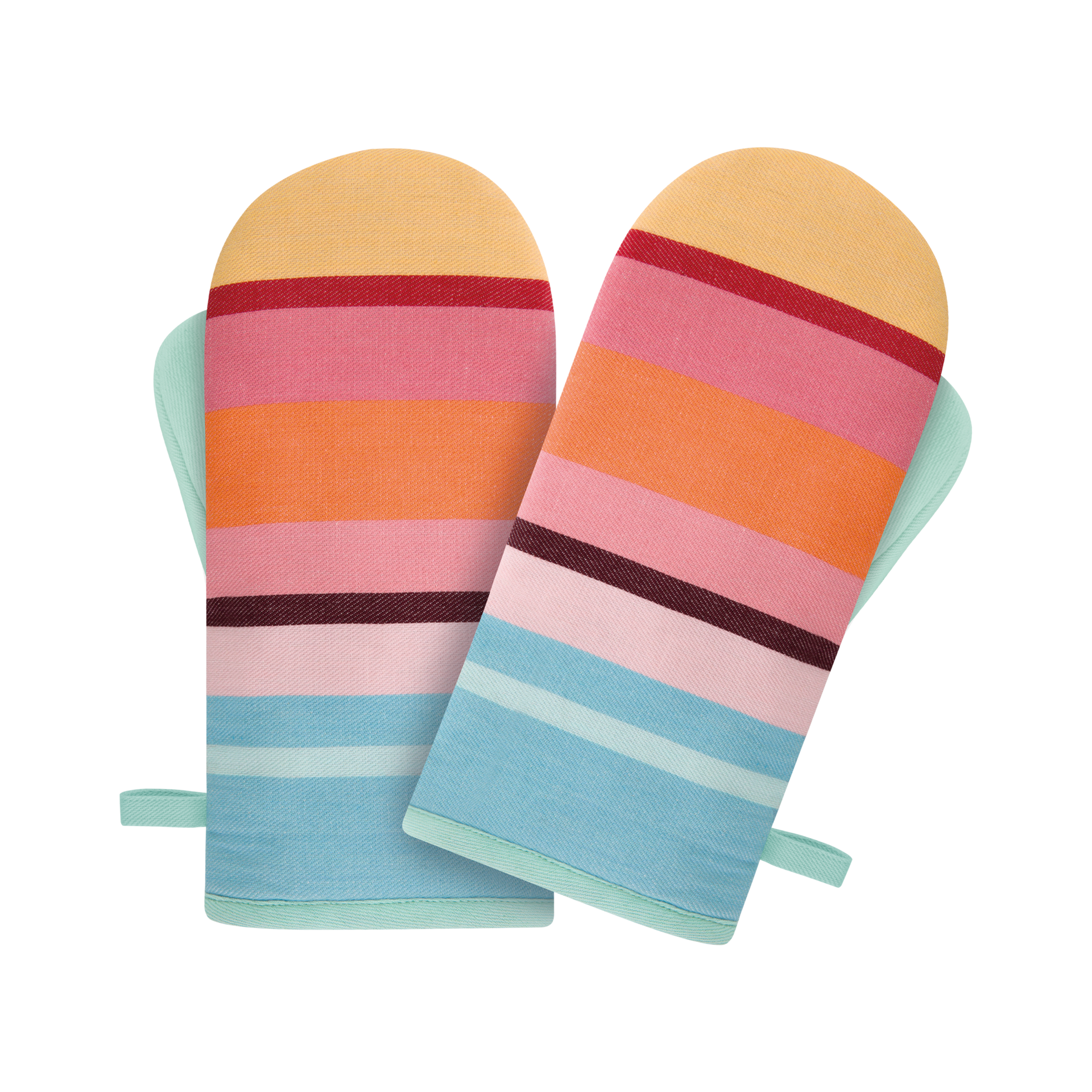 Zwei Ofenhandschuhe im Set, gestreift in Gelb, Rosa, Orange und Blau. Die Handschuhe sind hellgrün umrandet und haben eine Schlaufe zum Aufhängen.