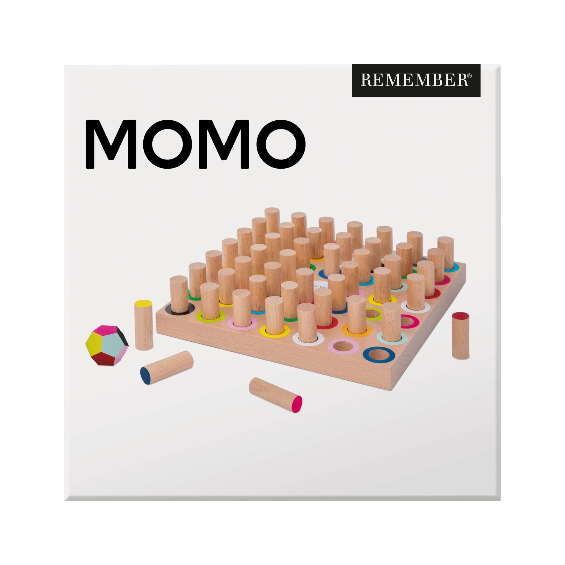 Holzspiel Momo: Holzbrett mit farbigen Kreisen und Holzstiften. Ein farbiger Polyeder und weitere Stifte liegen daneben. Oben links steht "MOMO" in grossen Buchstaben.