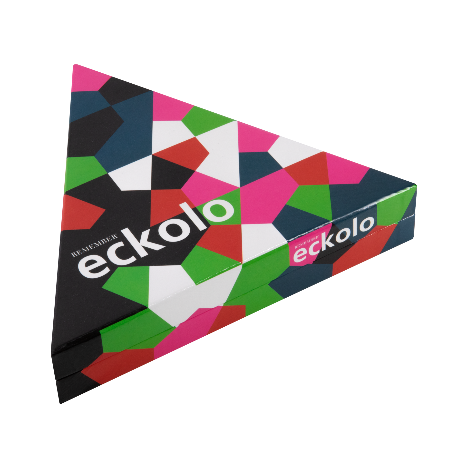Dreieckige Spielbox von Eckolo mit farbenfrohem, geometrischem Muster in Pink, Rot, Grün, Schwarz, Weiß und Blau. Der Name des Spiels ist gut sichtbar aufgedruckt.