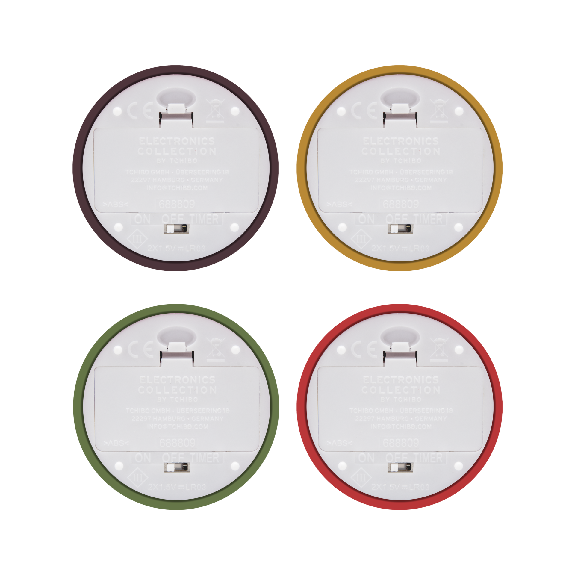 Vier LED-Teelichter im Set, Rückseite mit Batteriefach, Timerfunktion und „On/Off“-Schalter in braun, gelb, grün und rot.