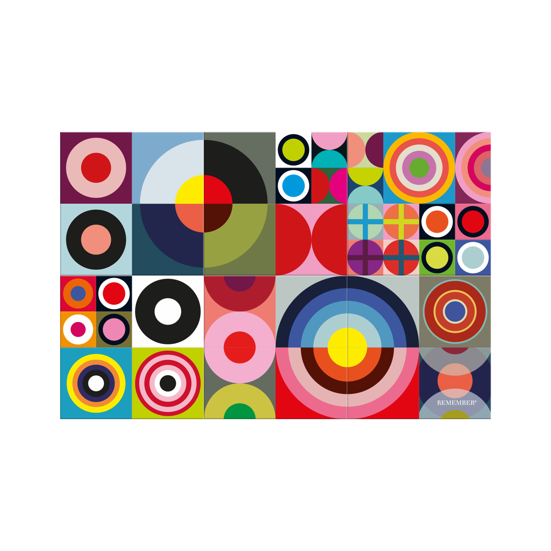 Mosaïque colorée de 16 plaquettes magnétiques carrées formant ensemble un motif géométrique abstrait. Chaque plaquette montre des cercles, demi-cercles ou arcs aux couleurs vives : rouge, bleu, jaune, vert, rose.