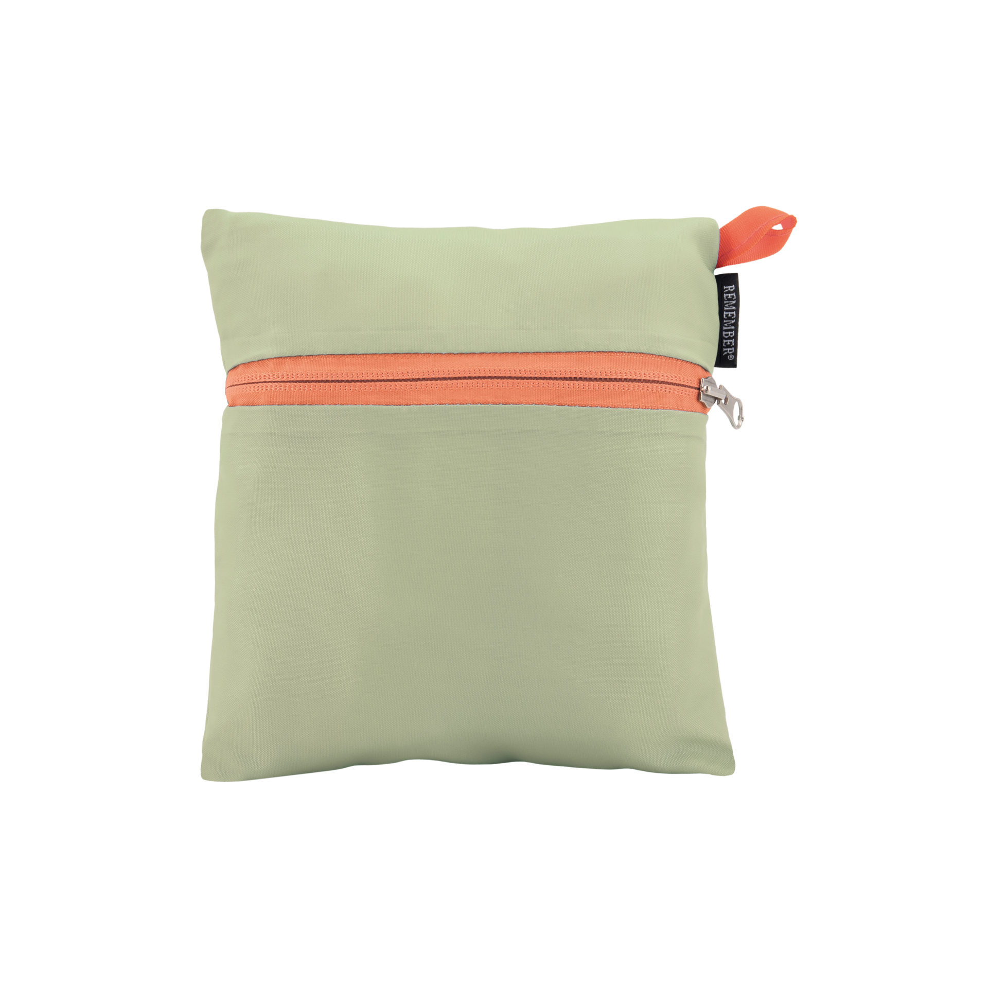 Zusammengefaltete, hellgrüne Reisetasche 'Liz' mit orangefarbenem Reißverschluss und Trageschlaufe, sowie einem kleinen Logo-Etikett.