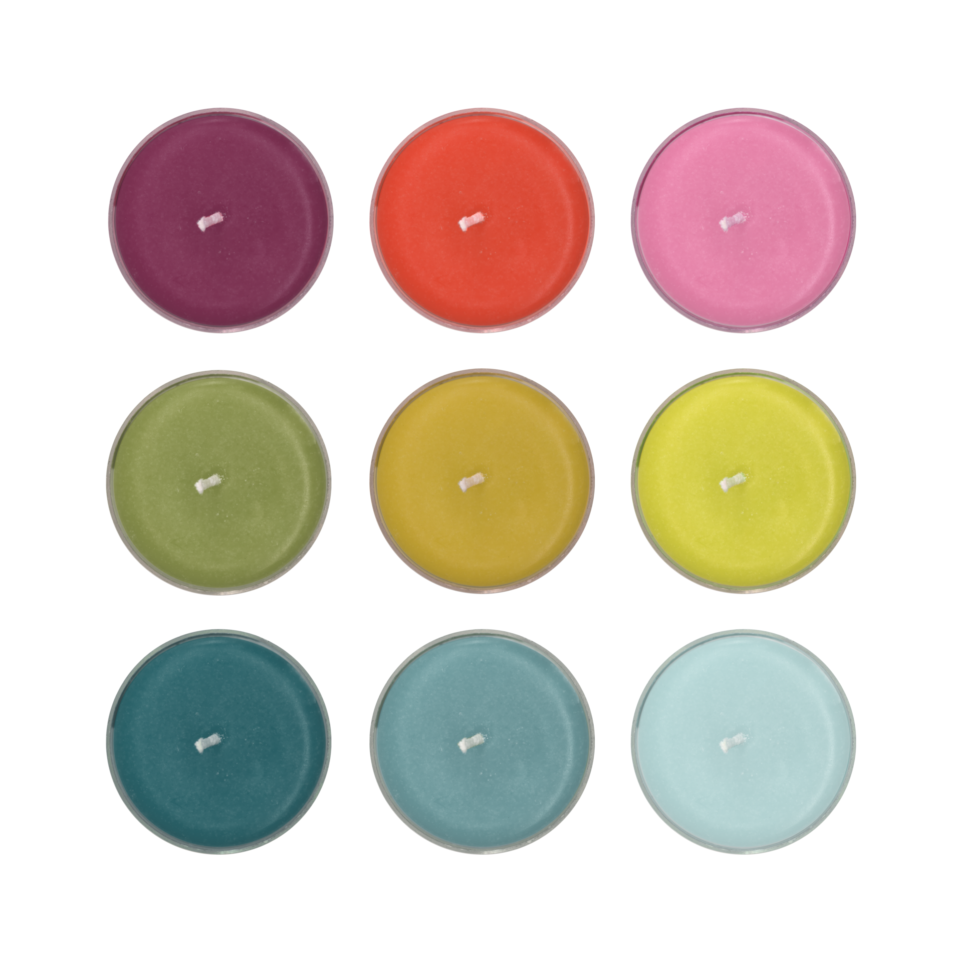 Neun Teelichter des „Sydney“-Sets in verschiedenen Farben (Lila, Orange, Rosa, Olive, Gelb, Hellgrün, Petrol, Türkis, Hellblau) sind in einem 3x3-Raster angeordnet.