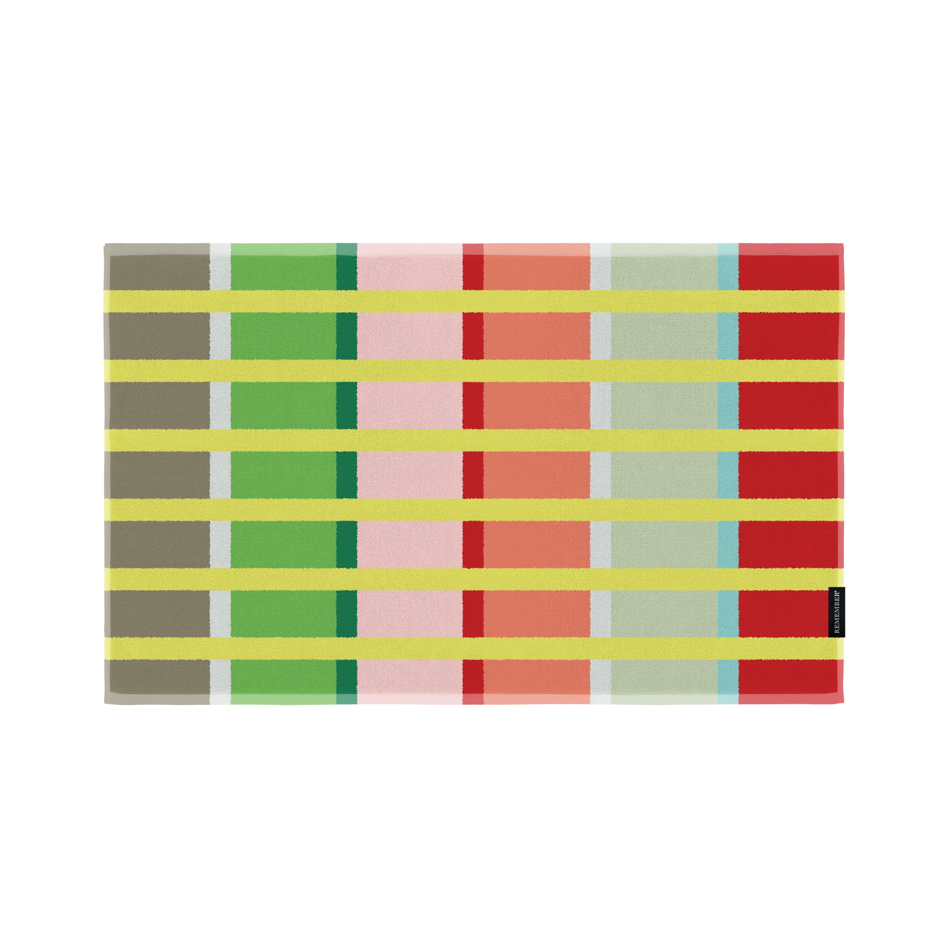 Un tapis de salle de bain Kaido rectangulaire au motif rayé très vivant. De larges rayures horizontales jaunes viennent rompre l'uniformité des blocs de couleur verticaux dans les tons marron, vert, rose clair, corail, rouge, bleu clair et gris.