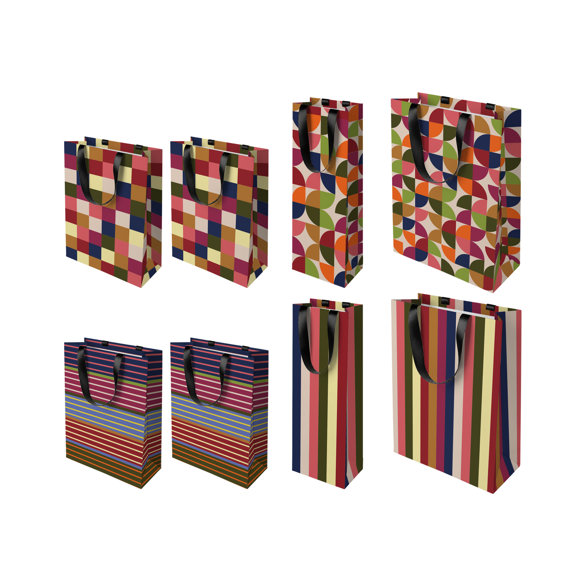 Huit sacs cadeaux colorés avec poignées en ruban satin noir, de tailles variées et en 4 motifs : carreaux, demi-cercles géométriques, rayures horizontales et verticales. Couleurs : rouge, bleu, vert, orange, jaune, rose, marron.
