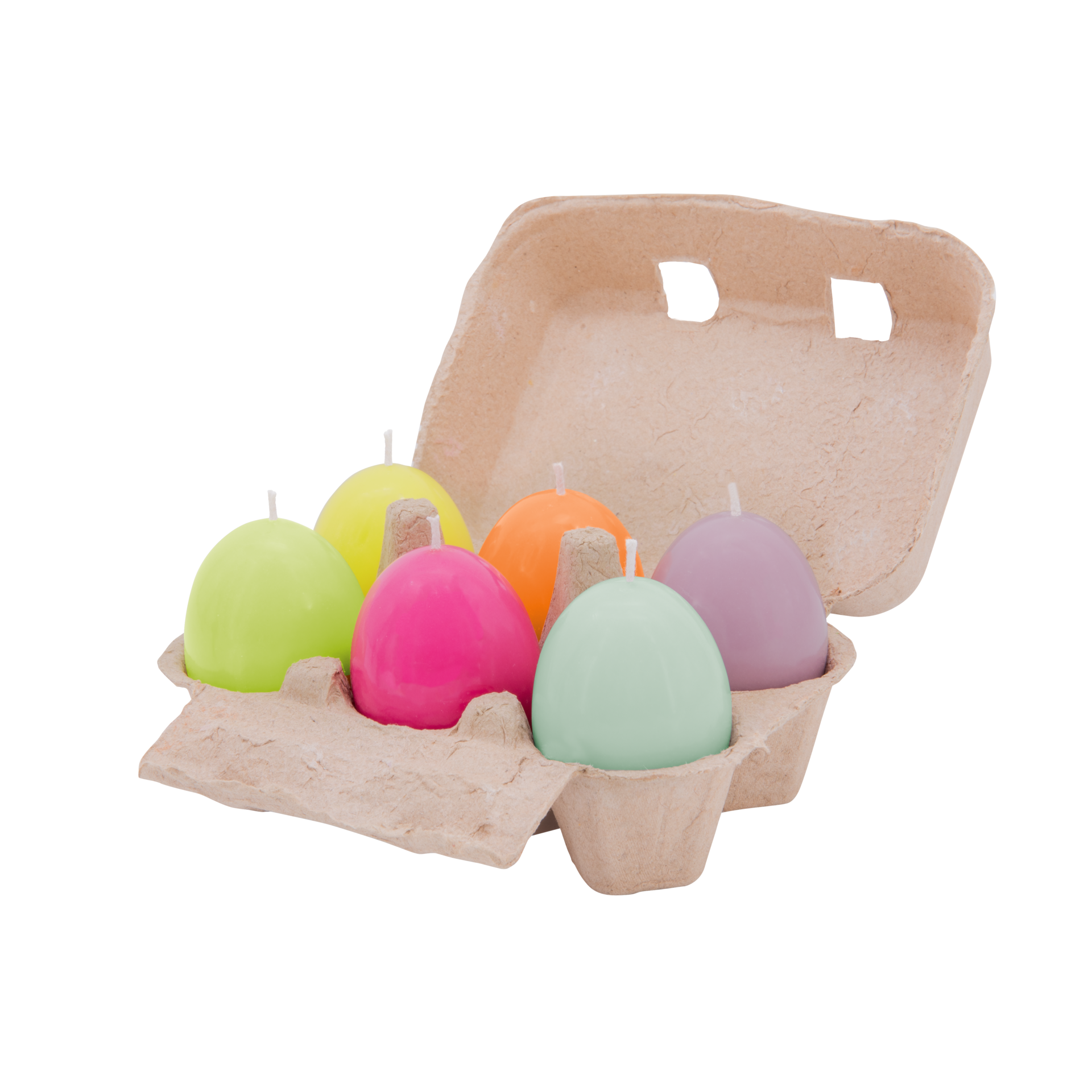 Ein 6er-Set Eierkerzen in einem offenen Eierkarton. Die Kerzen sind in Gelb, Orange, Rosa, Grün, Hellgrün und Lila gefärbt.