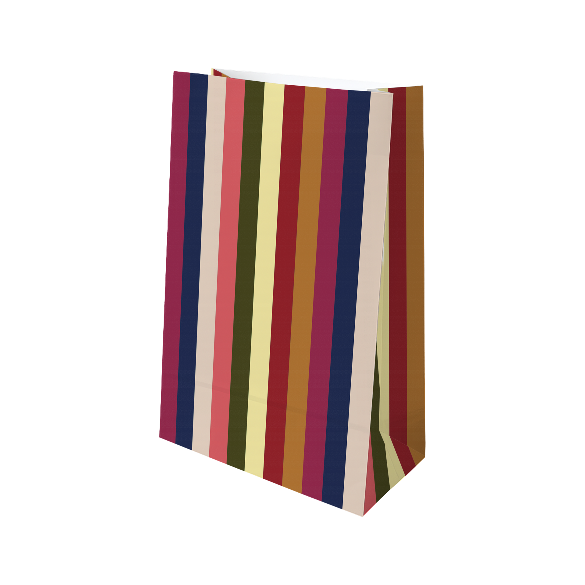 Eine hochwertige Papiertüte aus dem Adventskalender-Set, aufrecht vor weißem Hintergrund. Mit vertikalen Streifen in vielen Farben: Dunkelblau, Beige, Rosarot, Olivgrün, Hellgelb, Burgunderrot, Braun und Violett.