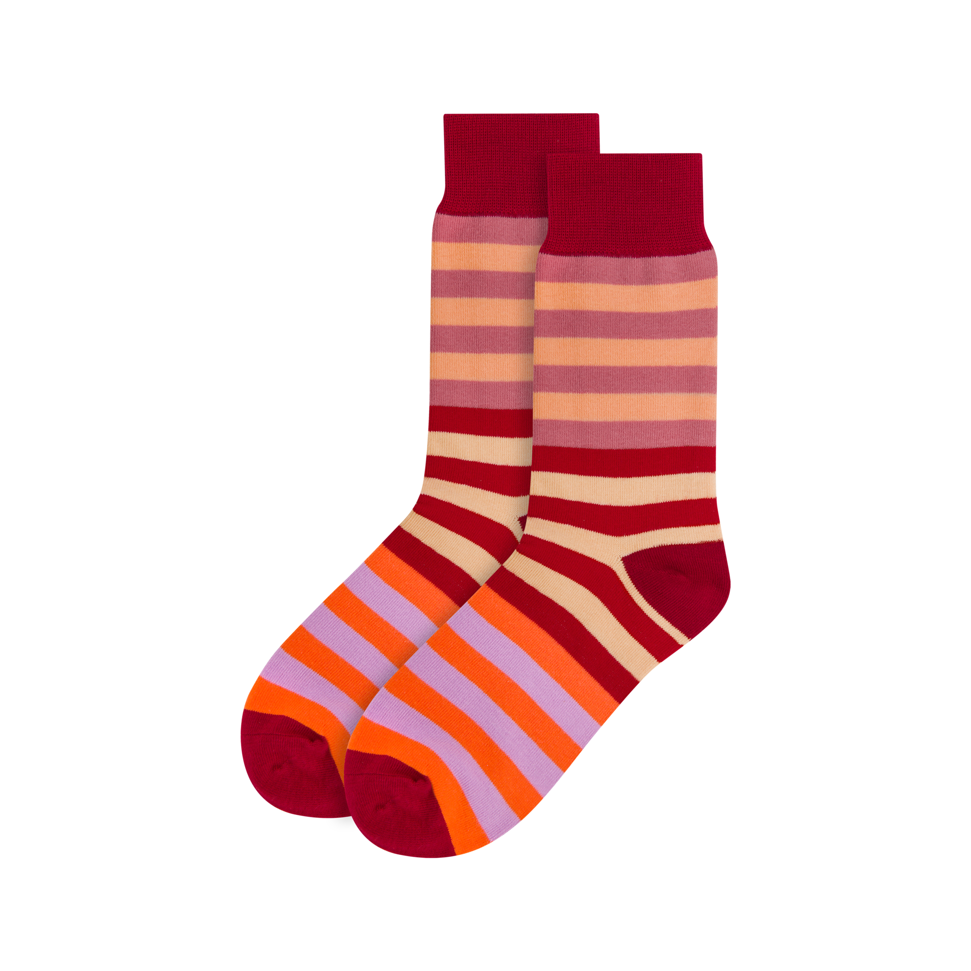 Chaussettes colorées à rayures horizontales rouge foncé, rose clair, orange et lavande. Grandes rayures sur la tige et le pied. Bord-côte, talon et pointe unis, rouge foncé. Légèrement décalées, bien visibles.